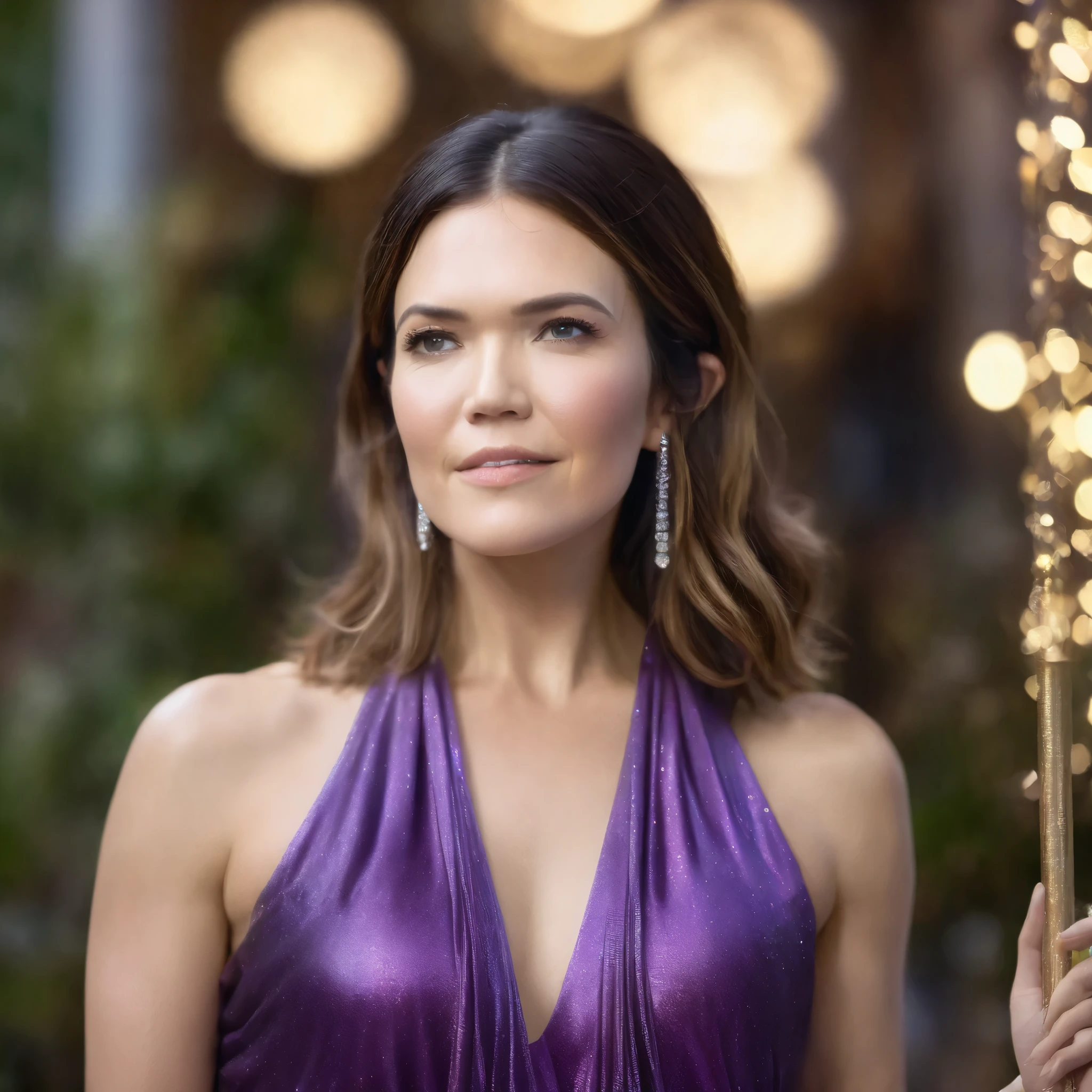 best quality, highres, 8k, masterpiece, photography, detailed midbody photorealistic portrait. Swirling around the pole at Purrfection Palace, Mandy Moore embodies regality and sophistication. Enveloped in purple silk, she exudes a mystical presence that leaves the viewers enchanted. Her silky tresses drape her back like a waterfall, accentuated by her sparkling diamond earrings. Every twist and turn ignites the atmosphere, heightening the energy in the air. 40 years old, (real skin texture: 1.3), (slender figure: 1.1), six-pack abs, (Immersive Ambience, Chiaroscuro: 1.5, Dim Light: 1.2, Glow Lighting), (Bokeh: 1.5), Blurred, high contrast, (Fuji colours: 1.5), film grain