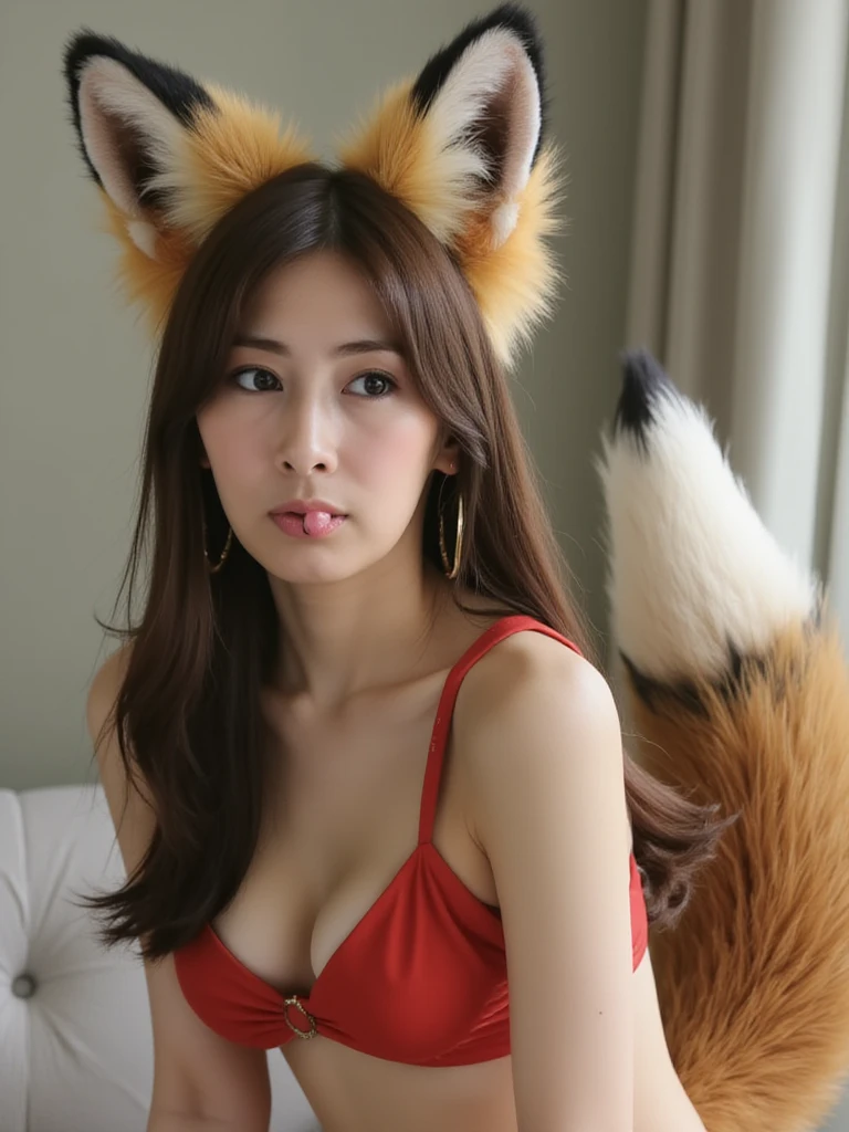 ((Highest quality, 8k)), ((masterpiece)), (Highest Resolution), Perfect Face, Fox Woman, Female college student, Beautiful woman, public, One tail, she has thick thighs, Big tail, She has an orange fox tail., She wags her tail, smile, Fur collar, She is wearing a bra and panties, Beautiful Hips , A tail sticks out from the panties, Big Breasts