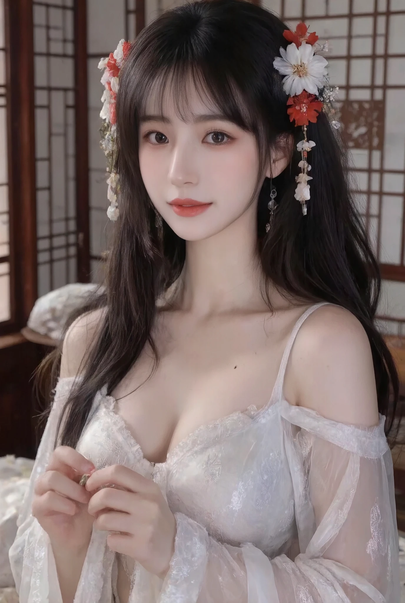 small  ，,p(8k, RAW photo:1.2), best quality, ultra high res,dramatic angle,(fluttered detailed color splashs), (illustration),(((1 girl))),(long hair),(rain:0.9), (Headdress:1.4),There is an ancient palace beside the girl,Hanfu,(Key Points),Color ink painting,(Splash of Color),Splash of Color,(((colorful))),(sketch:0.8) , Masterpiece, best quality, beautiful painted, highly detailed,(denoising:0.6),[splash ink],((ink refraction)), (beautiful detailed sky),moon,highly,detaild,(masterpiece, best quality, extremely detailed） CG Unity 8k Wallpaper，masterpiece，best quality，Ultra Detailed），（Lycoris）. hanfu open v open V-chested clothes Thin silk lace dress , (huge ，cleavage),, white pink and gren，best qualtiy，tmasterpiece，Ultra-high resolution，（Reality：1.4），RAW photogr，（True skin texture：1.3），（filmgrain：1.3），（Selfie angle），1个Giant Breast Girl，Beautiful eye and face details，tmasterpiece，Best quality at best，，The chest more exposed， detailed hair, bra purple and green , detail 8k, upper body, lace petticoat, above looking up facing at camera( blush、Inject an aphrodisiac、Estrus、Feeling embarrassed)