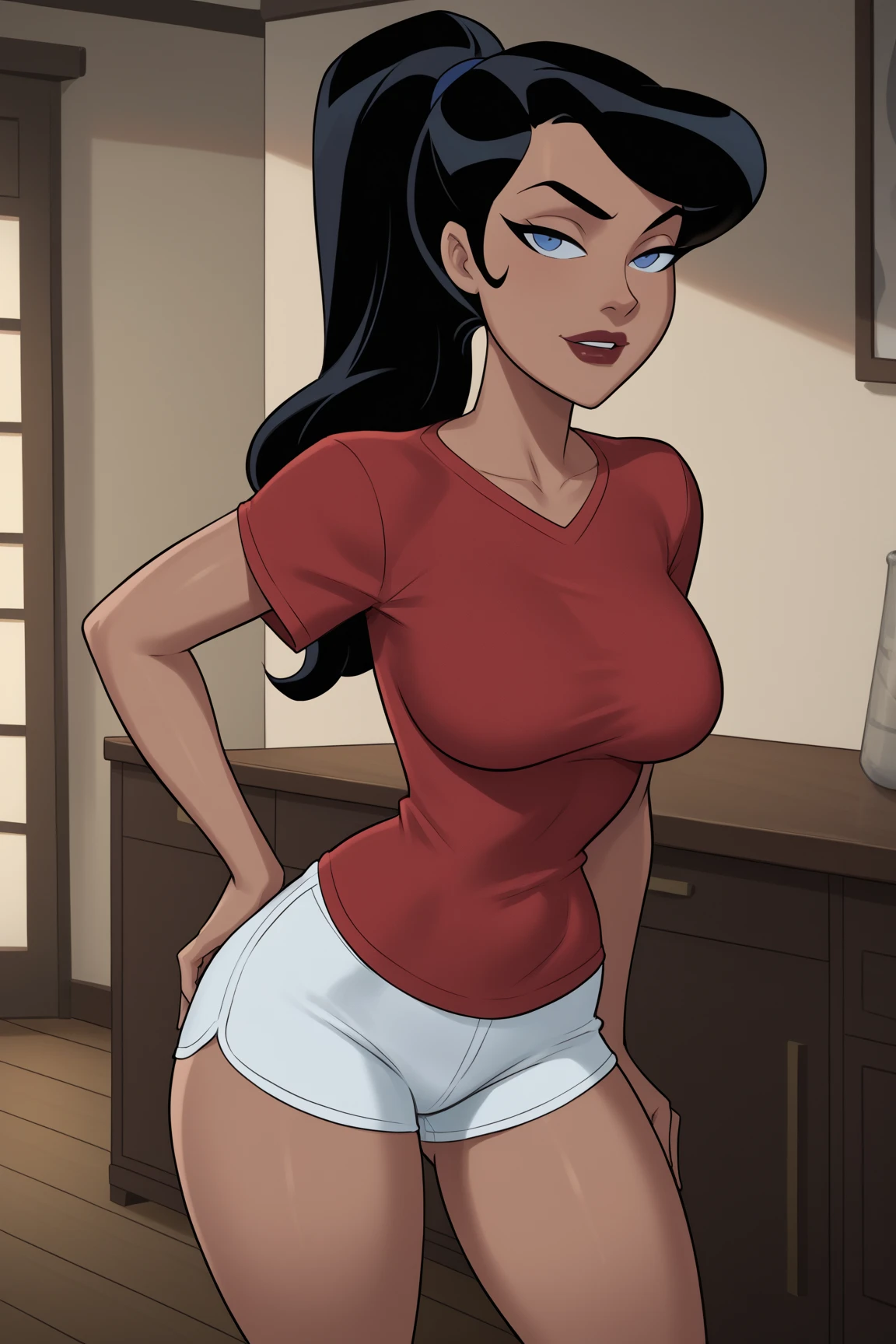 (masterpiece, best quality, high quality, uhd, 4k, 8k:1.2), <lora:JabComixStyle_v1.4-000024:0.90> j4bc0m1x style, j4b_mmts, beautiful face, 1girl, solo, female focus, portrait, mature female, long hair, black hair, very long hair, shirt, long sleeves, jeans, pants, huge breasts, facing viewer, looking at viewer, all fours, indoors, open mouth, tongue, tongue out, hair over one eye, covered nipples, earring, hoop earring, smile, cleavage, dark-skinned female