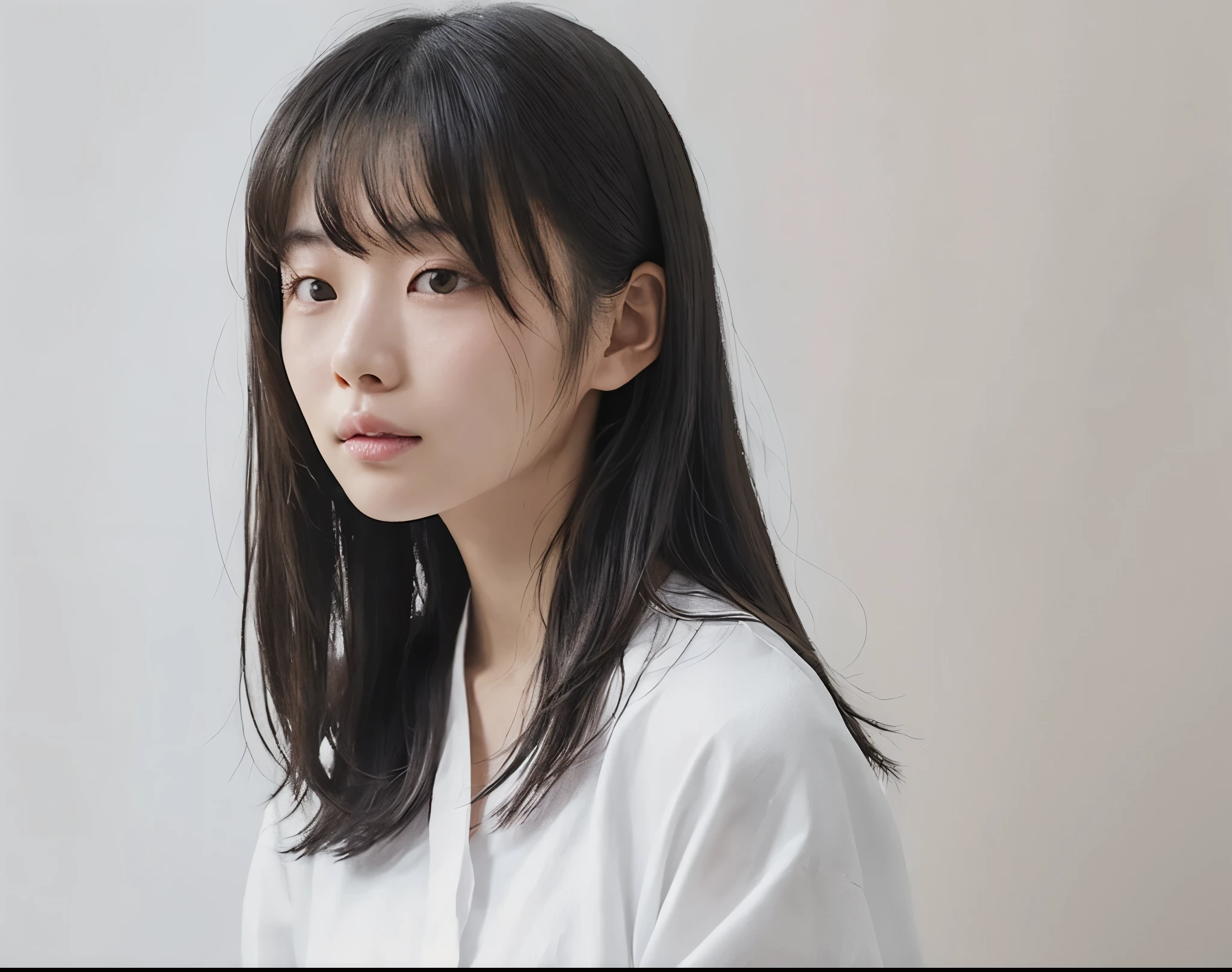 See-through tops、(背景にWhite wall)、White wall、((highest quality、8k、masterpiece:1.3))、Ultra-high resolution、(photoGenuineistic:1.4)、RAW Photos、Japanese,(Detailed aspect)、Genuine、Photographed in natural light、Highly detailed face and skin texture、Highly detailed lips、The correct state of the human body、Medium Hair、bob hair、Black Hair、bangs、Various poses、Natural color lip、(big breasts:1.2)、、Young Girl、whole body