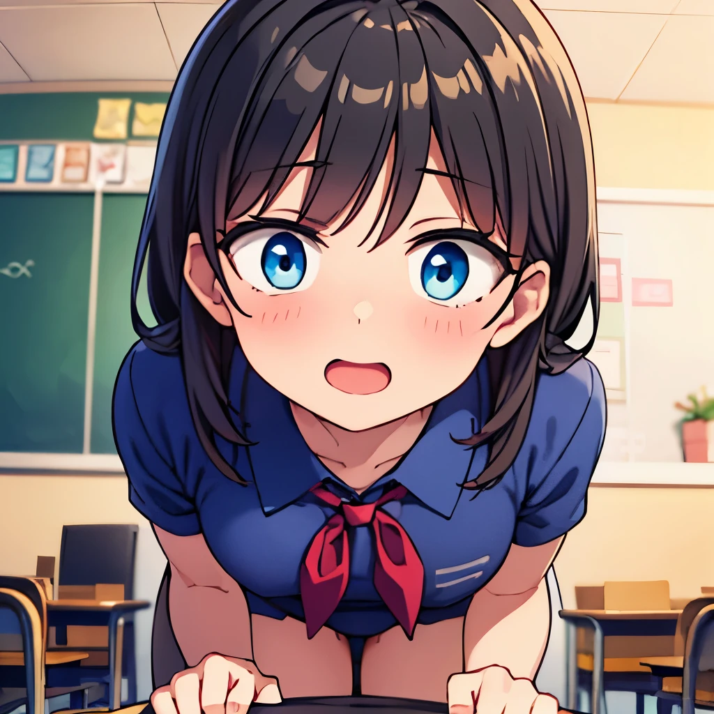 looking ahead,from above,Kneeling,handjob,side view,face focus,open mouth,tongue out,cum on tongue,Licking the penis,(1girl,Beautiful 14 year old girl),((Slender,Small breasts,Baby Face,Small face,)),looking at viewer,Black Hair,bangs,two side up,Gray Eyes,Drooping eyes,slit pupils,narrow eyes,,Short sleeve shirt,Red tie,Navy blue mini skirt,Navy blue socks,Beautiful and detailed anime art,Mischievous smile,Dimly lit room,Simple Background,Gray background,Low lighting
