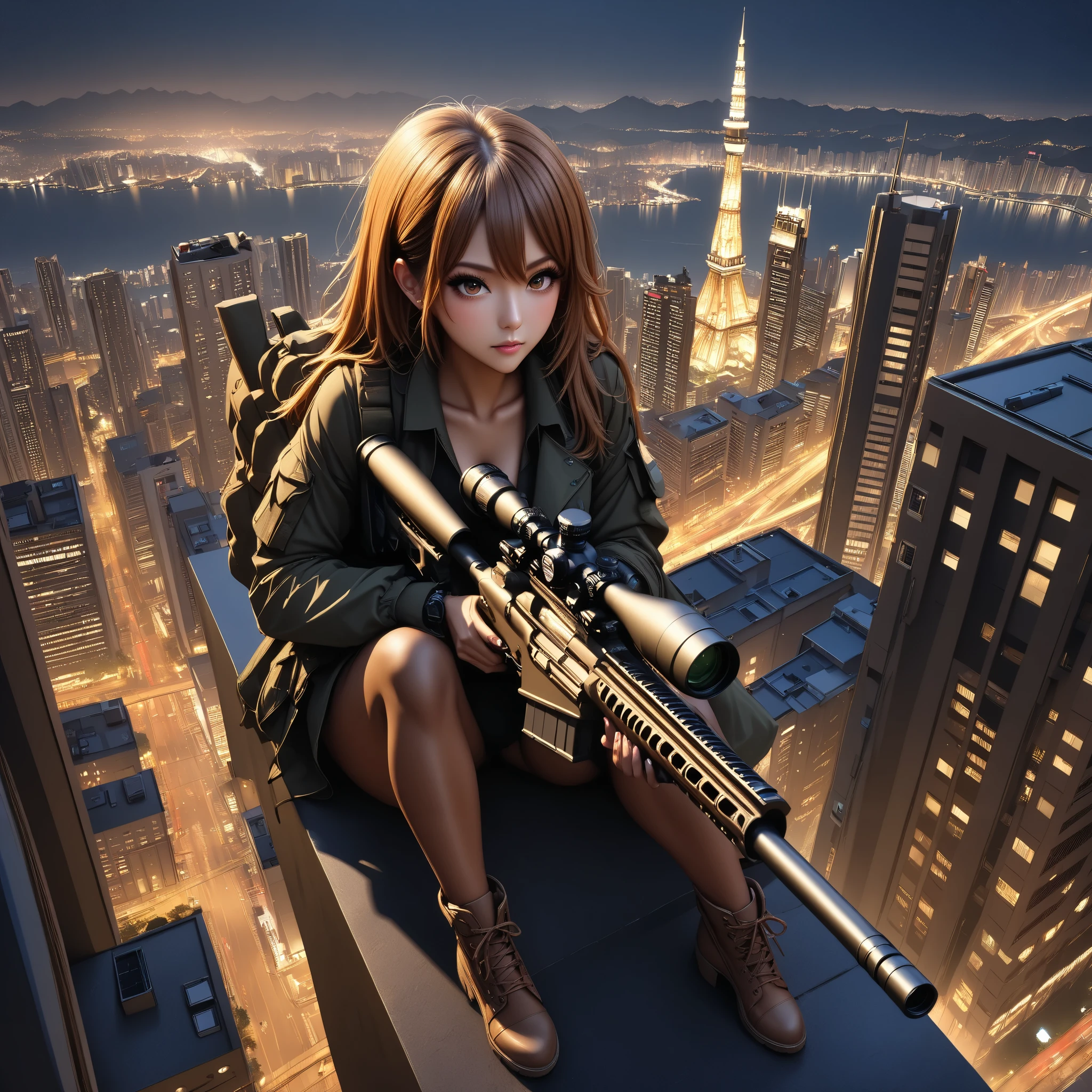 1 girl in the best, sniper ライフル、 sniper 、Master sniper 、 special forces 、 matte brown skin , full body,Mountain top、 Big City Night View、masterpiece, best quality,