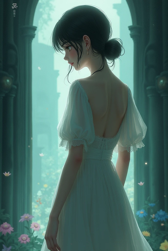 anime artsyle，best illustration，wallp，styled，Award-Awarded，(1girll:1.3)、独奏、__Body parts__、offcial art、统一 8k 壁纸、ultra - detailed、Beauty and aesthetics、big breasts beautiful、tmasterpiece、best qualtiy、Fantastical Atmosphere、calm color palette、Tranquil Mood、soft shade、Witch priestess、Charisma spells、vignettes、Witch duties、（black pantyhoses：1.3）beuaty girl，High-precision illustration，Monochrome tonal effect，Chic and refined impression，The focus blur gently wrapped around her，Top lens composition，Pixel-perfect drawing，edge detection，Express every detail clearly，High-key contrast，Tonal effects，Monochrome world，Unique charm，Black and blon mixed in the hair，Redlip， cropped shoulders，Wide open chest，little breast，Bust lens，The light from the back window is backlighted，电影灯光，Retro，white dresses， Plain dress，nipple piercing，silver accessories，a short bob，long eyelasher