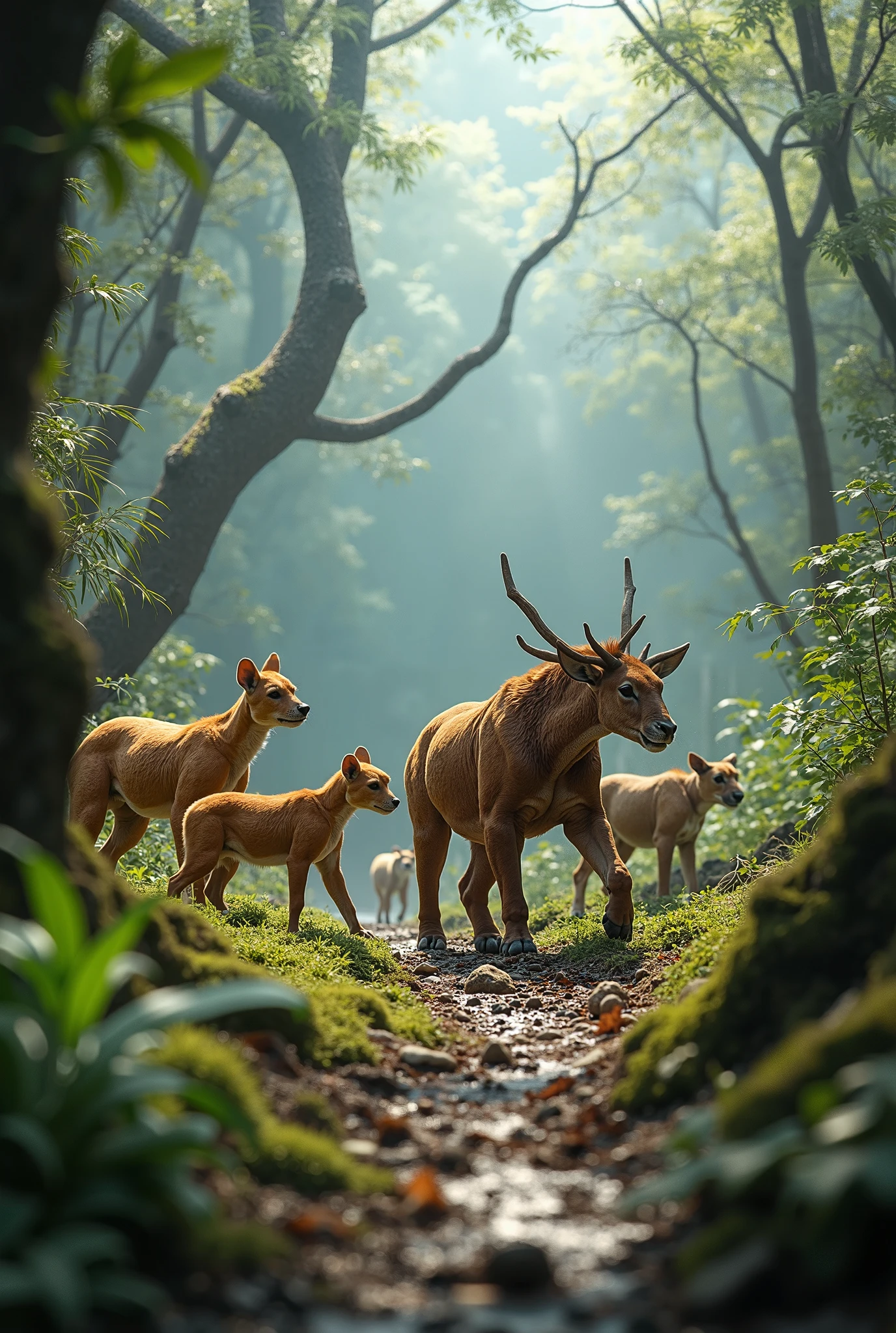 Two baby deer are sleeping in a forest. A lion stands in front of them.