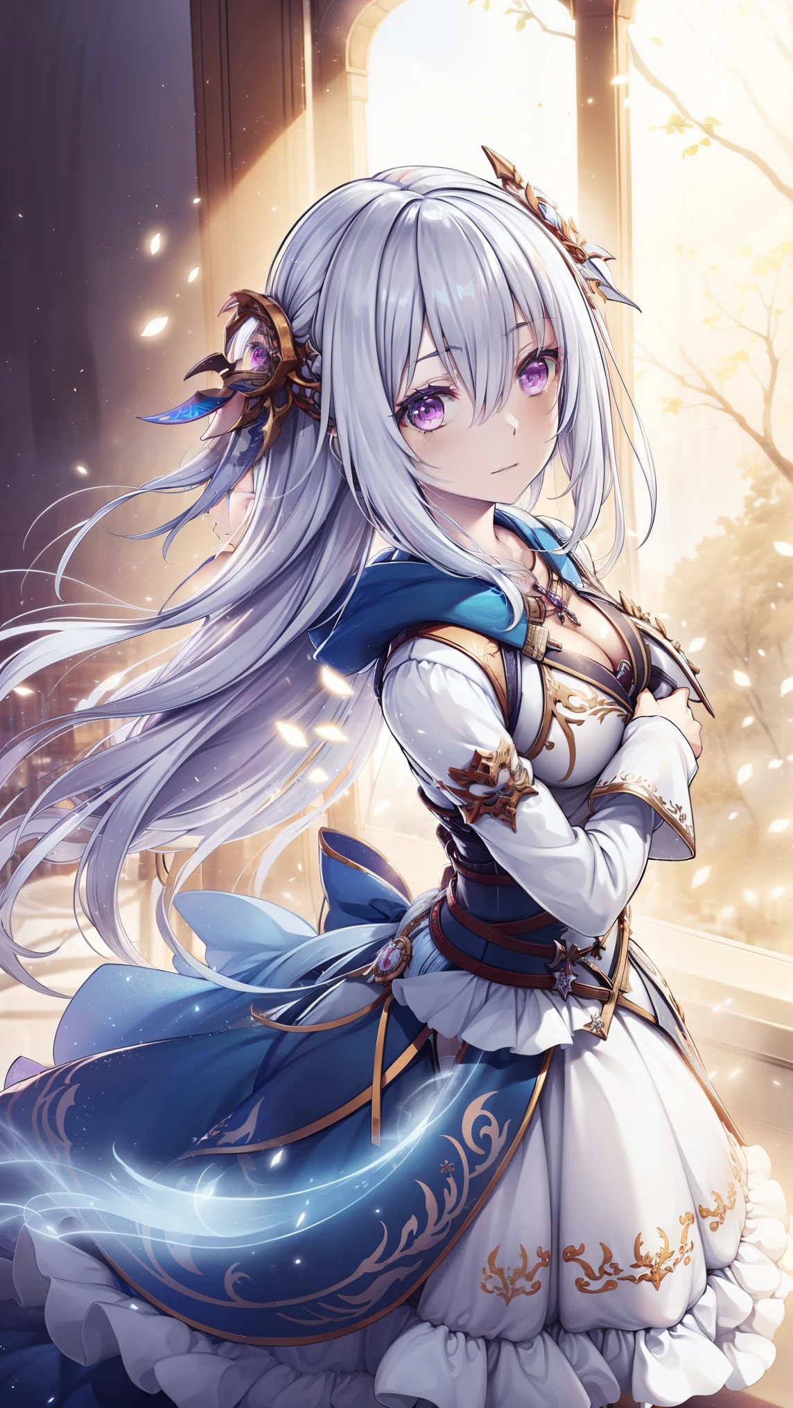 1 Girl, White hair, colorful hair , purple eyes, Masked , side lighting , Light Particles, wallpaper,