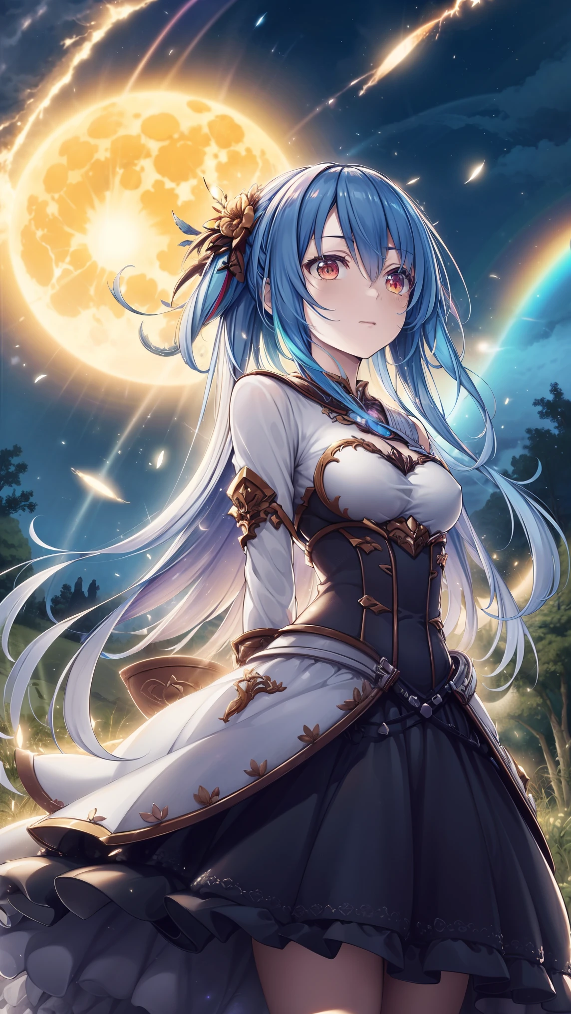 Panoramic landscape photography , ( to see the sky and open countryside from below), A girl stands in a field of flowers and looks up , (Full Moon: 1.2), (meteor: 0.9), (nebula : 1.3), Distant Mountains, BREAK tree-making art , ( Warm light source: 1.2), (firefly: 1.2), lamp, lots of purple and orange , Intricate details, Volumetric Lighting, Breaking realism ( masterpiece: 1.2) , ( Best Quality ), 4K, Super Fine, (Dynamic Synthesis: 1.4), Highly detailed , Color details, ( rainbow colors: 1.2), ( bright lighting , Atmospheric lighting ), dream, magic, ( alone: 1.2)