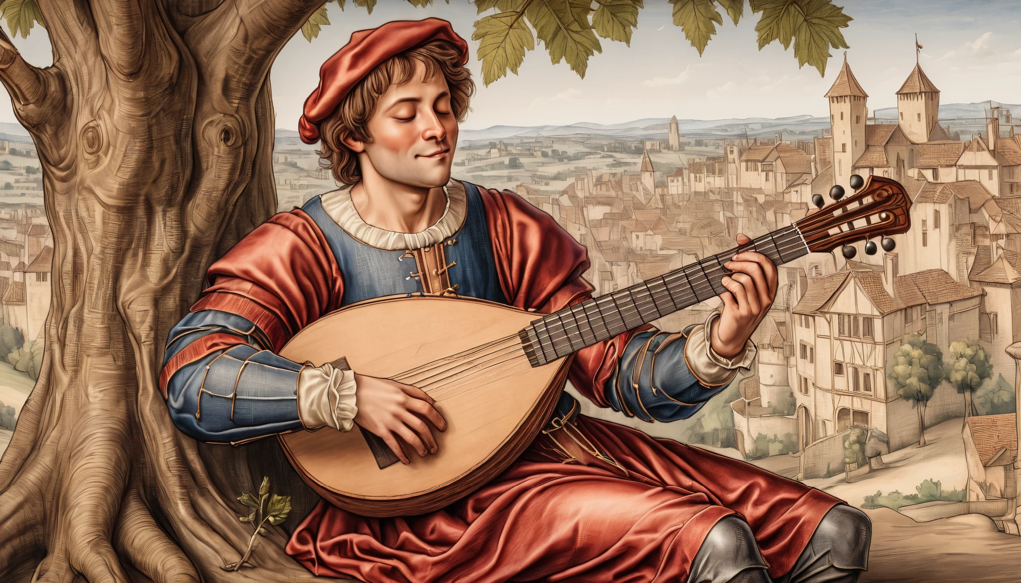 8k, accurate anatomy, masterpiece, top quality drawing of a minstrel playing lute, medieval background, tranquil face, eyes closed, sitting bellow a tree