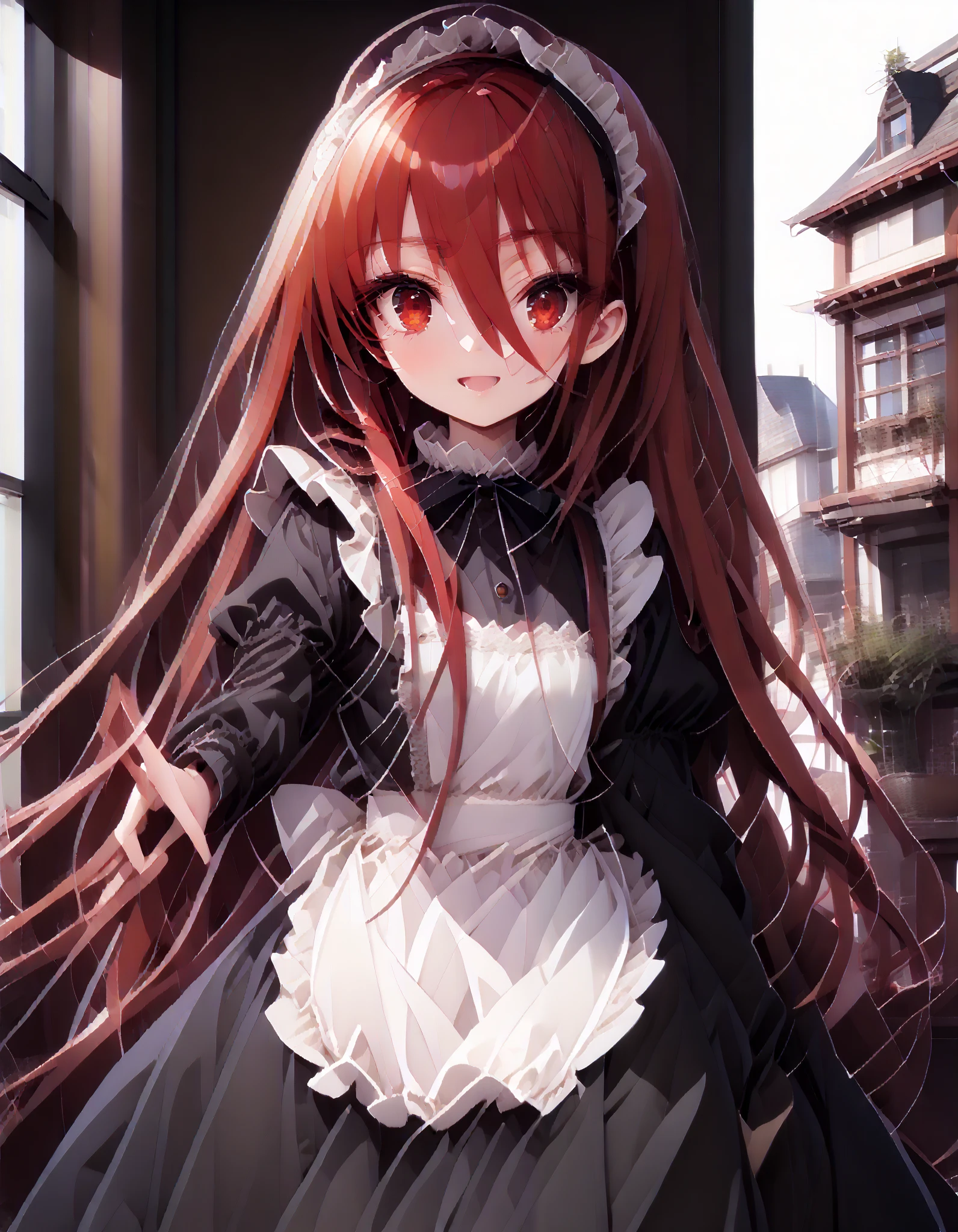 shana ,Alone, long hair, Red Hair, red eyes, stupid hair,smile,blush, open their mouths,Maid服,rib tights , black pantyhose , pin heels,black色ロングスカート,Maid head dress , Maid apron, Maid Dress,Maid, Maid outfit,black_ dress , hair shaking in the wind , long skirt is moving in the wind,Holding a stack of papers in both arms,Handing out flyers, is standing,Paper is being blown away by the wind , sign,noon,whole bodyがイラストに入るように,break looking at viewer,whole body,
break outdoors,Coffee shop entrance , building,
break (masterpiece:1.2), best quality, high resolution, Unity 8K Wallpaper, (figure:0.8), ( precise and beautiful eyes:1.6), Highly Detailed Face , perfect lighting, very precise CG, ( perfect hand, perfect anatomy),