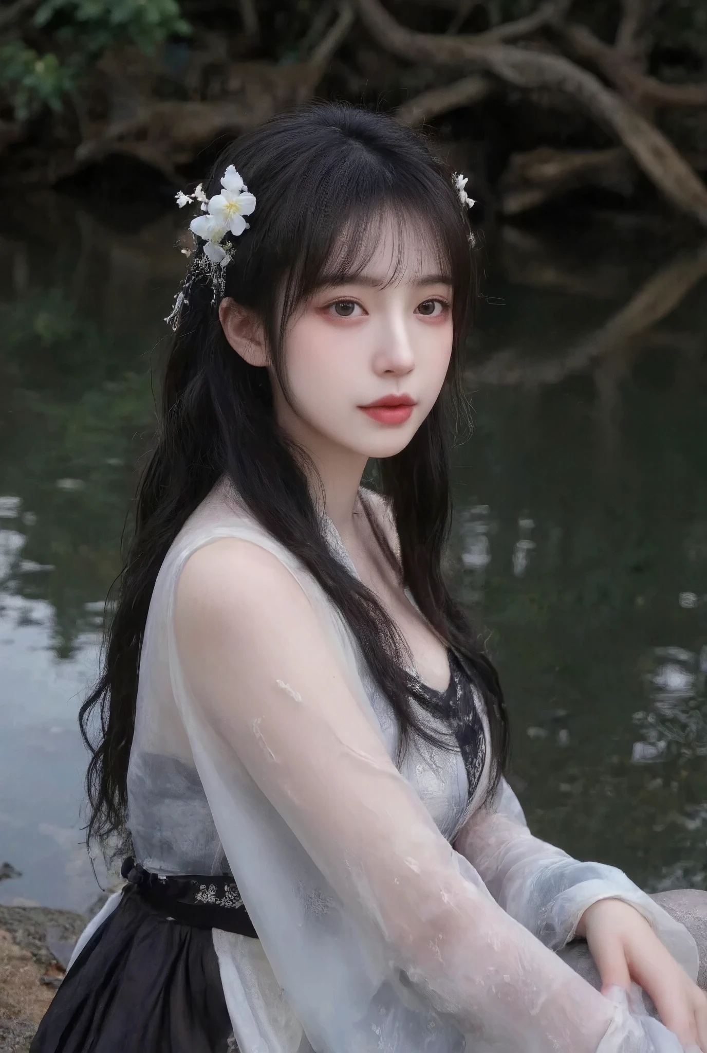 on dark background 、High-quality photography、 wet texture、frost、 studio photography 、engraving、Shallow depth of field、Vignette、 super detailed、High Budget、Bokeh、Wide cinema 、epic、Colorful、 film grain ,Model with slightly curly black hair wears black and white translucent ancient Hanfu,Sitting by the lake,The model's skin is delicate and shiny,Have a pair of E-cup breasts,The left side of the hair has a white flower headdress,Side to side and look at the camera