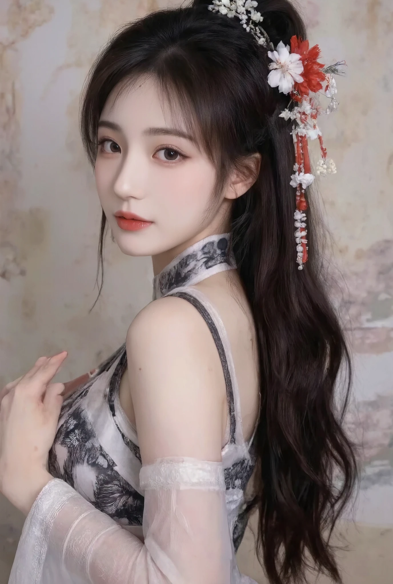 
 Ultra HD，Black and white slightly transparent ancient Chinese Hanfu，Tender thighs， with long, slightly curly black hair ， delicate skin ，Feminine and charming，Kaziran's eyes， s's t light ， E cup chest ，Red and white flower headdress for left ear，Facial details，In a dance pose ，Looking sideways at the camera