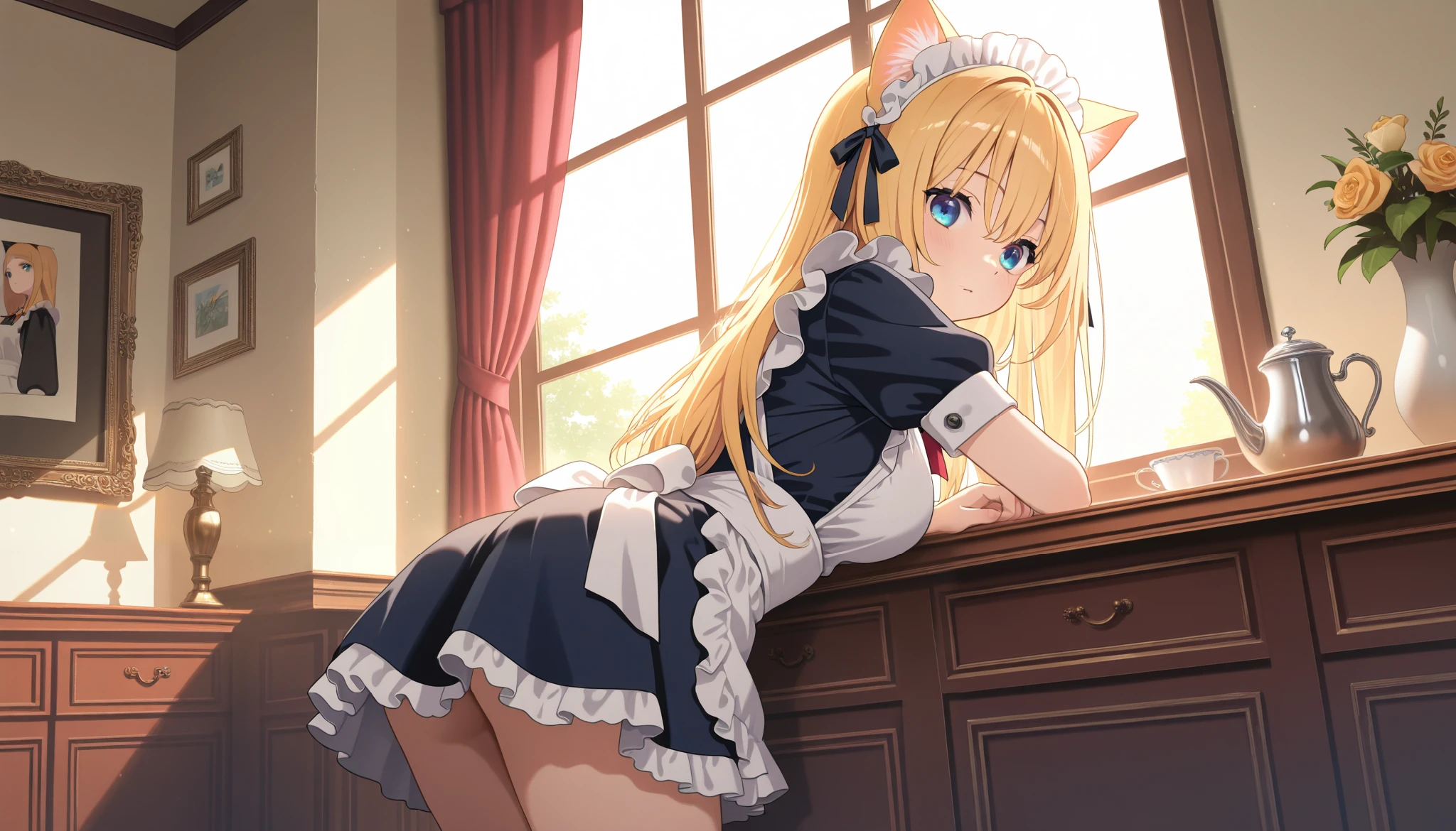 maid, blonde, long, sweaty, cat-eared, nipple.1 girl,solo,underwear.young,looking_at_viewer,black_thighhighs,