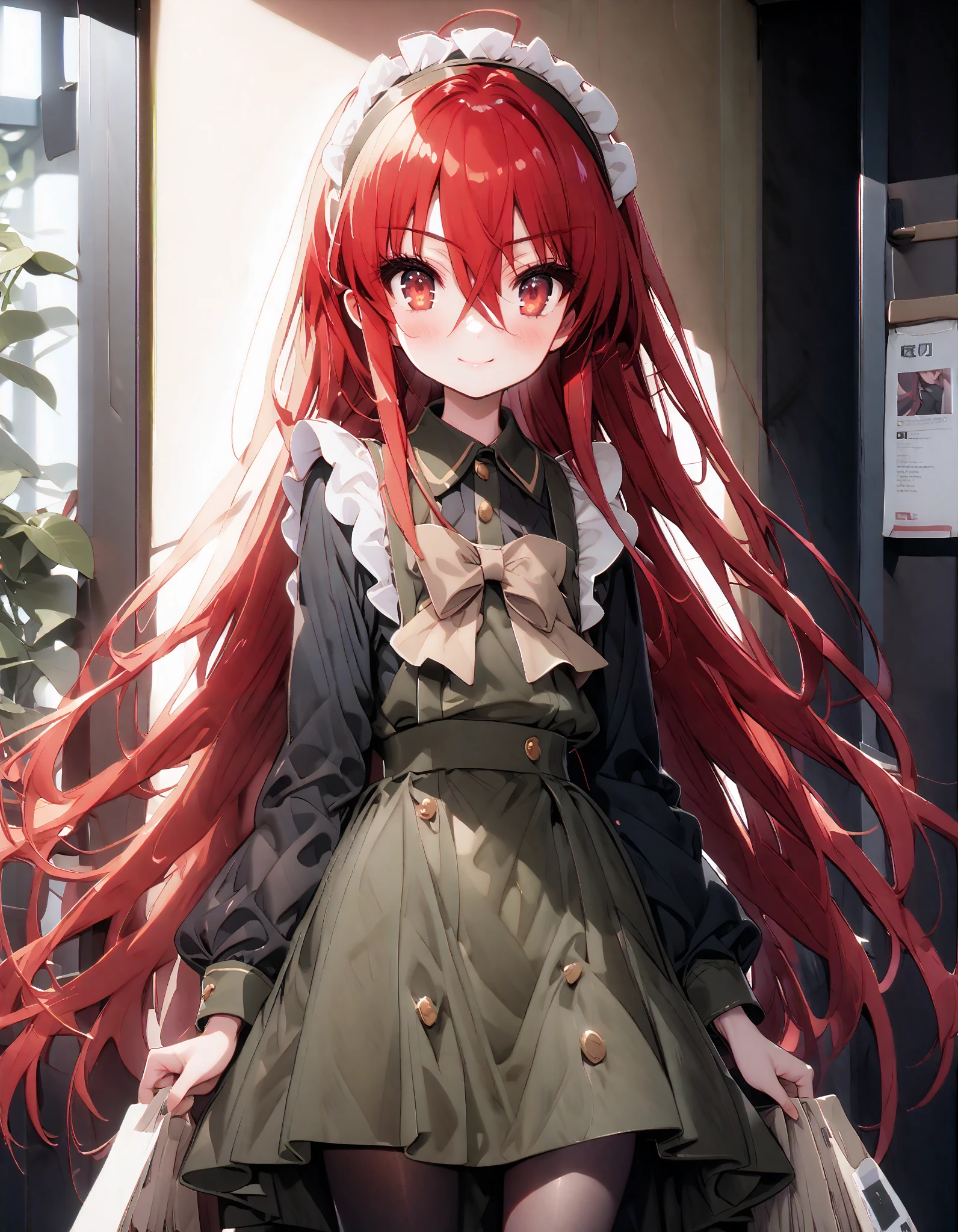shana , long hair, Red Hair,  red eyes, stupid hair,smile,blush, open their mouths,Maid服,rib tights ,  black pantyhose ,  pin heels,black色ロングスカート,Maid head dress , Maid apron, Maid Dress,Maid, Maid outfit,black_ dress , hair shaking in the wind , long skirt is moving in the wind,Holding a stack of papers in both arms,Handing out flyers, is standing,Paper is being blown away by the wind , sign,noon,whole bodyがイラストに入るように,break looking at viewer,whole body,
break outdoors,Coffee shop entrance , 
break (masterpiece:1.2),  best quality,  high resolution,  Unity 8K Wallpaper, (figure:0.8), ( precise and beautiful eyes:1.6),  Highly Detailed Face ,  perfect lighting,  very precise CG, ( perfect hand,  perfect anatomy),