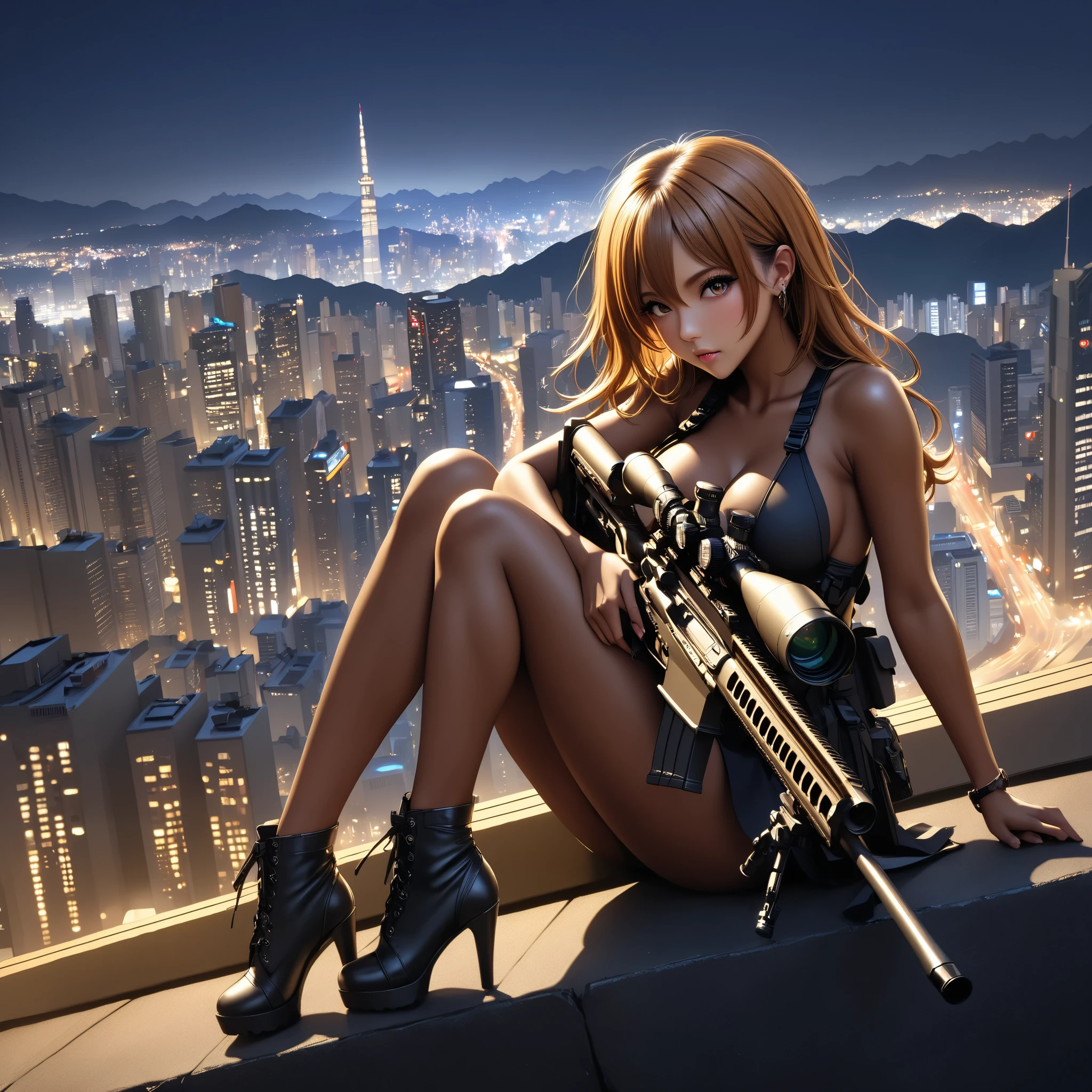 1 girl in the best, sniper ライフル、 sniper 、Master sniper 、 special forces 、 matte brown skin , full body,Mountain top、 Big City Night View、masterpiece, best quality,