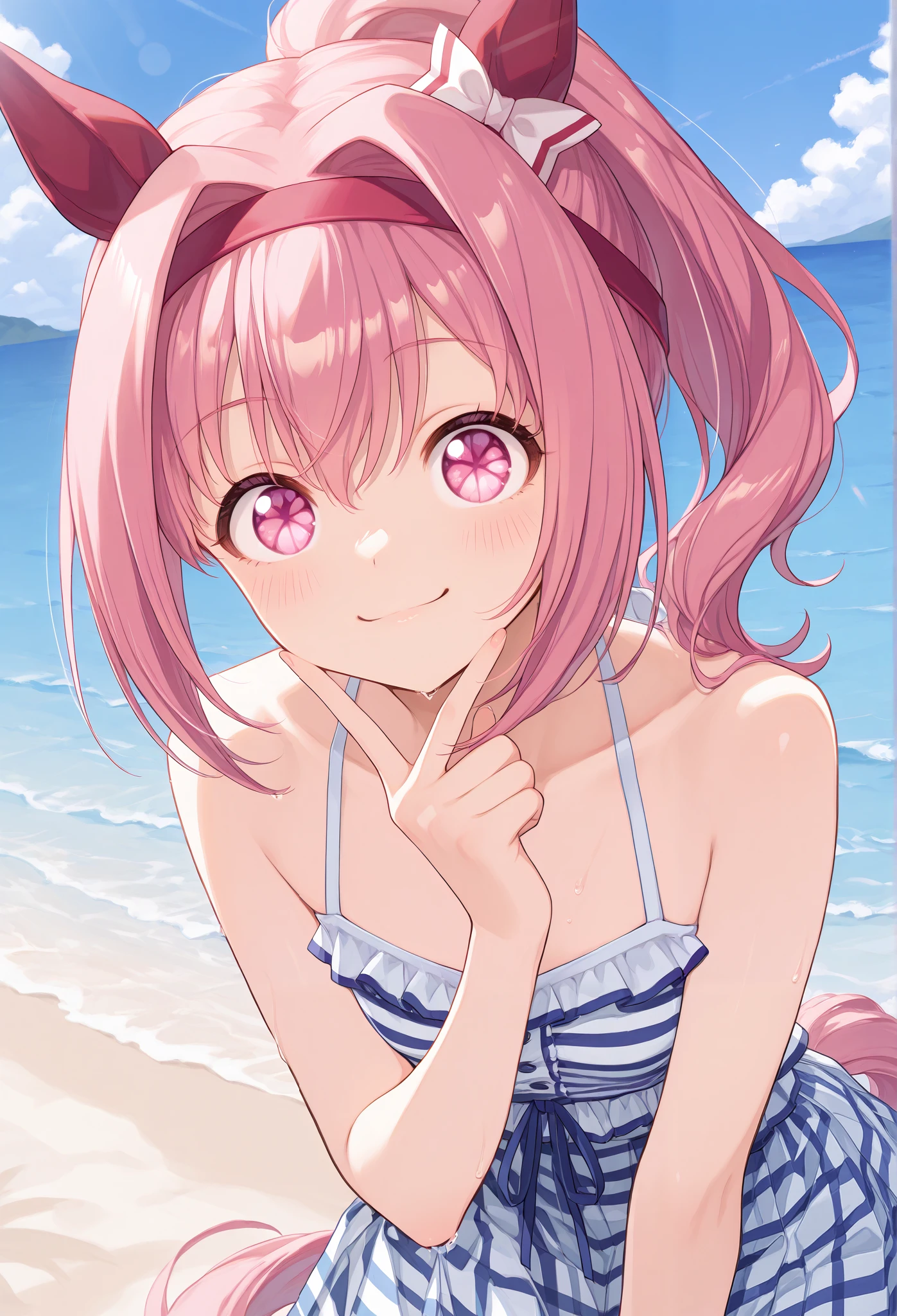 {{{masterpiece}}}, {{{ best quality }}}, {{ More details}}, {illustration}, {{ so delicate and beautiful }}, detailed skin, detailed eyes {{{Uma Musume}}},{{{ haru urara:1.7}}},{medium hair},{ ponytail},{,{ mischievous face},{{{Prostitute:1.6}}}left ear ornament ,{resort beach}