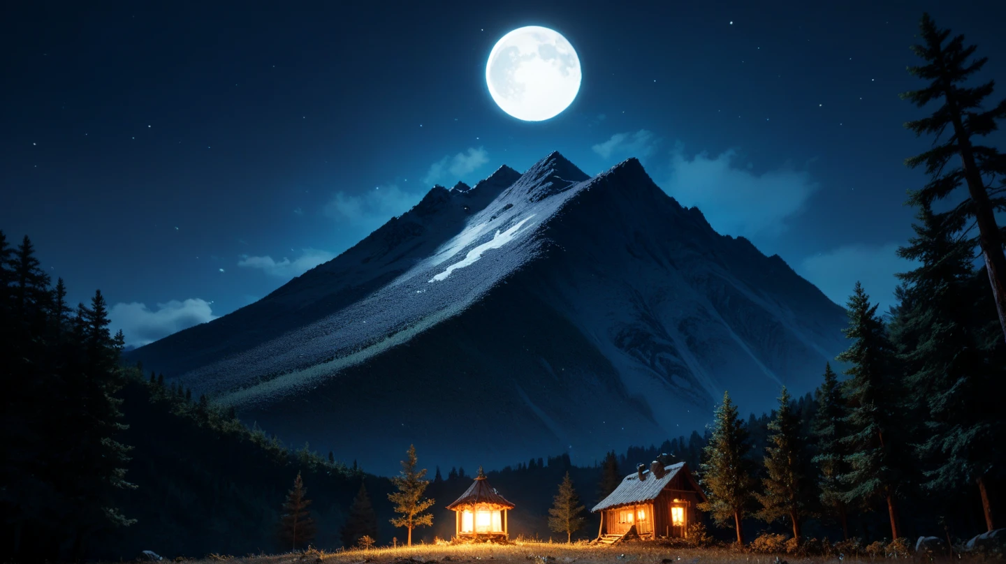 Peak of a mountain where you can see just below a valley full of trees in the background and it's a very dark night with the moon shining in the sky,  8k