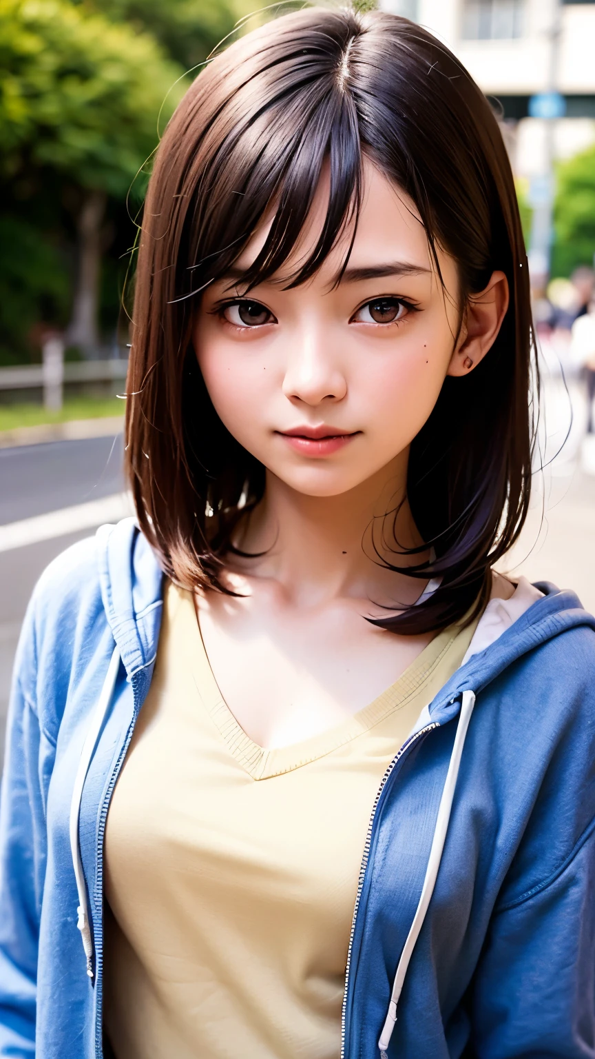 女の子1人、on tokyo street、A city scape、night cityscape、Neon Street、Rain at night、Rain-drenched body、The upper part of the body、a closeup、A smile、、(8K、Raw photography、top-quality、​masterpiece:1.2)、(realisitic、photoRealstic:1.37)、Highly detailed eyelash drawing、(((Top image quality))),Colossal tits、Plaid hoodie、small mouth、short-hair、Fine skin, (Beautiful hair), (Perfect Anatomy), (Realistic), (Dynamic Angle), Pose Seductive,Perfect,Sensual look、top-quality、hight resolution、