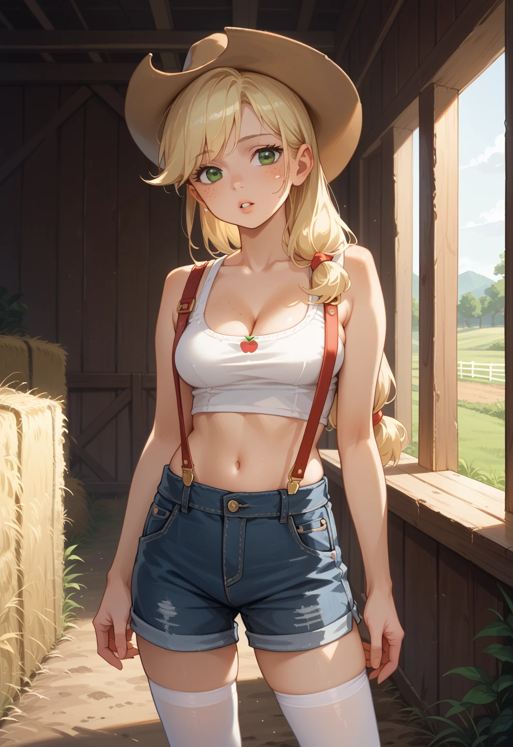 (masterpiece, best quality:1.2), cowboy shot, solo, 1girl, mlpapplejack, smile, looking at viewer, low-tied long hair, cowboy hat, denim skirt, belt, wheat field, topless