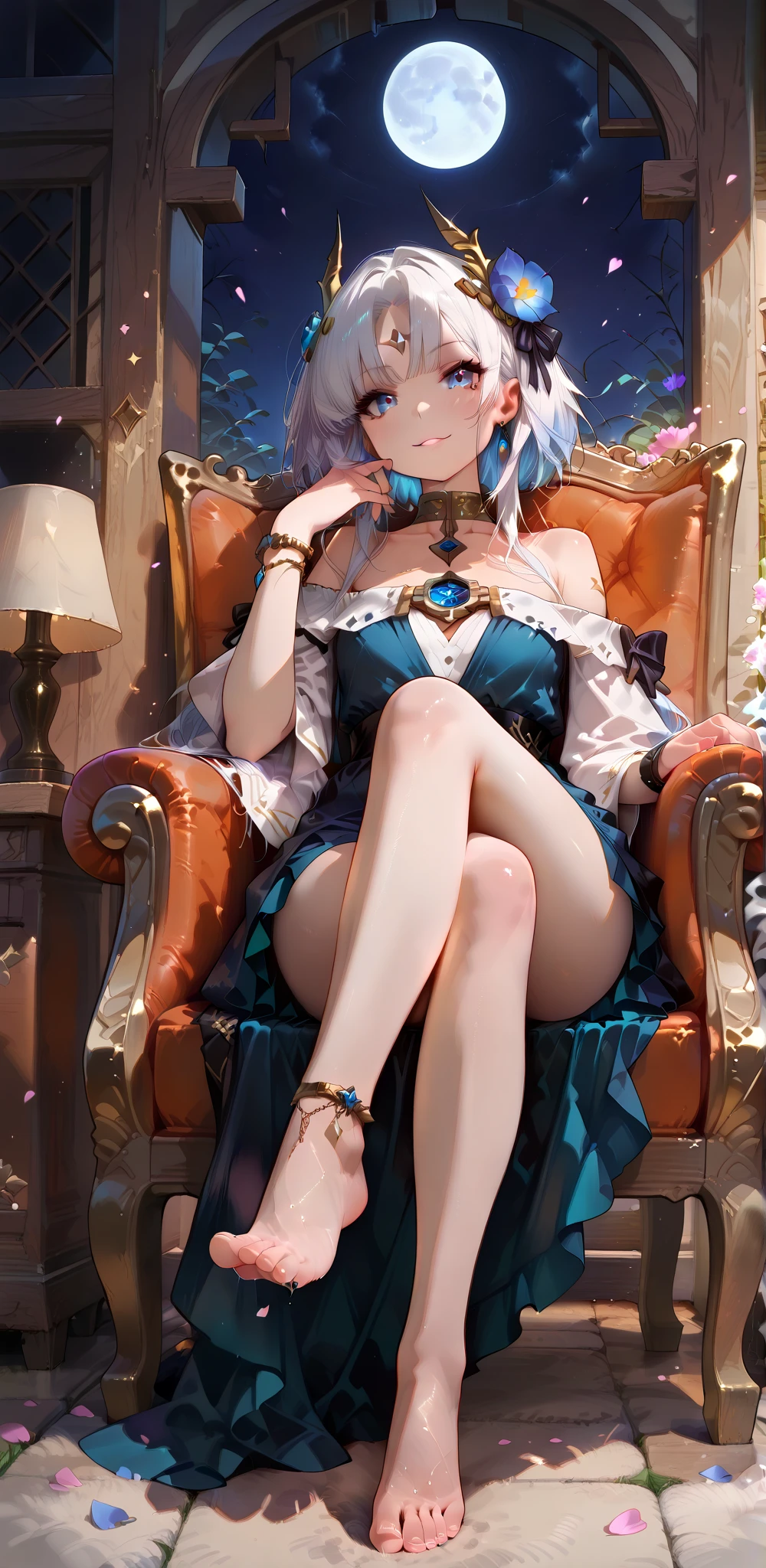 ((masterpiece,best quality)), 1girl, furina, heterochromia, short hair, blue hat, black shorts, barefoot, toes, sitting on armchair, from below, smile, crossed legs, hand on chin,((thigh)),((legs)),2legs,((from below)),
