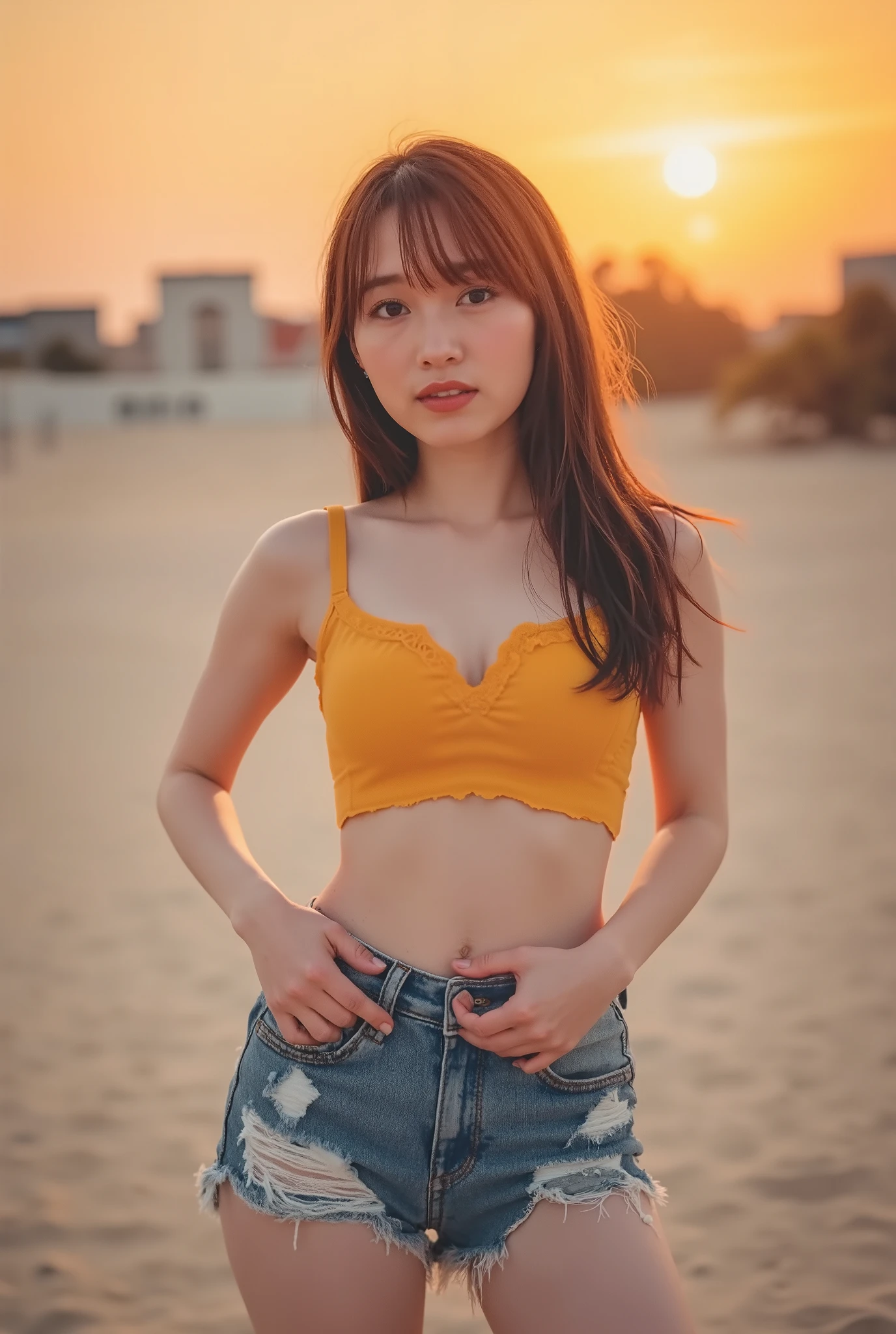 nsfw:1.2, from below:1.4,front focus:1.5,(8KRAW photos, live shooting, top quality , masterpiece:1.37), extreme light and shadow , full body shot :1.5, shiny maroon hair , long hair, ,bangs, ( pretty and brown-eyed 、 Sparkling Eyes , fine grain)、 with extremely fine eyes sandwiched between columns、 very elaborate face 、 very detailed eyes ,, one girl , alone、 masterpiece , cowboy shooting 、 super high resolution,nsfw、 one girl , , (chrome yellow short tank top, damaged denim shorts)), white skin,( Sunset Background:1.4), sandy beach。