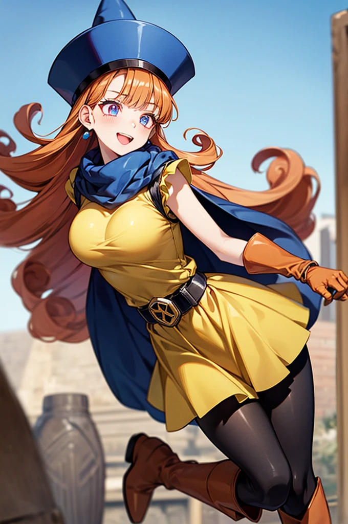 1 girl、High resolution、masterpiece、(Arena - DQ4、DQ4-Arena、Orange straight hair)、low length、thin太もも、thin脚、Small shoulders、thin、Muscular、(Bedroom)、(Have、dress、Cape、belt、black tights、Leather boots)、Night Grassland、Attack with kicks、Attacking with the feet、Crouching and kicking