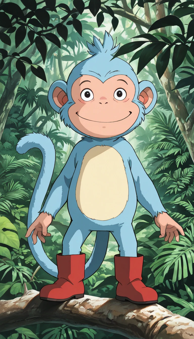 (score_9, score_8_up, score_7_up, BREAK, solo, mnky_bts, furry, monkey), (extremely detailed CG unit 8k wallpaper),(master part), (best quality), (ultra detail), (best illustration),(ghibli_style), cowboy shot, standing, facing viewer, looking at viewer, perfect face, perfect eyes, perfect fingers, (Sharp eyeliner, ombre, detailed eyes:1), traditional media, ghibli landscapes, scenery, outdoors, jungle, tree, branch, break , upper body, solo, smile, (red boots, tail)