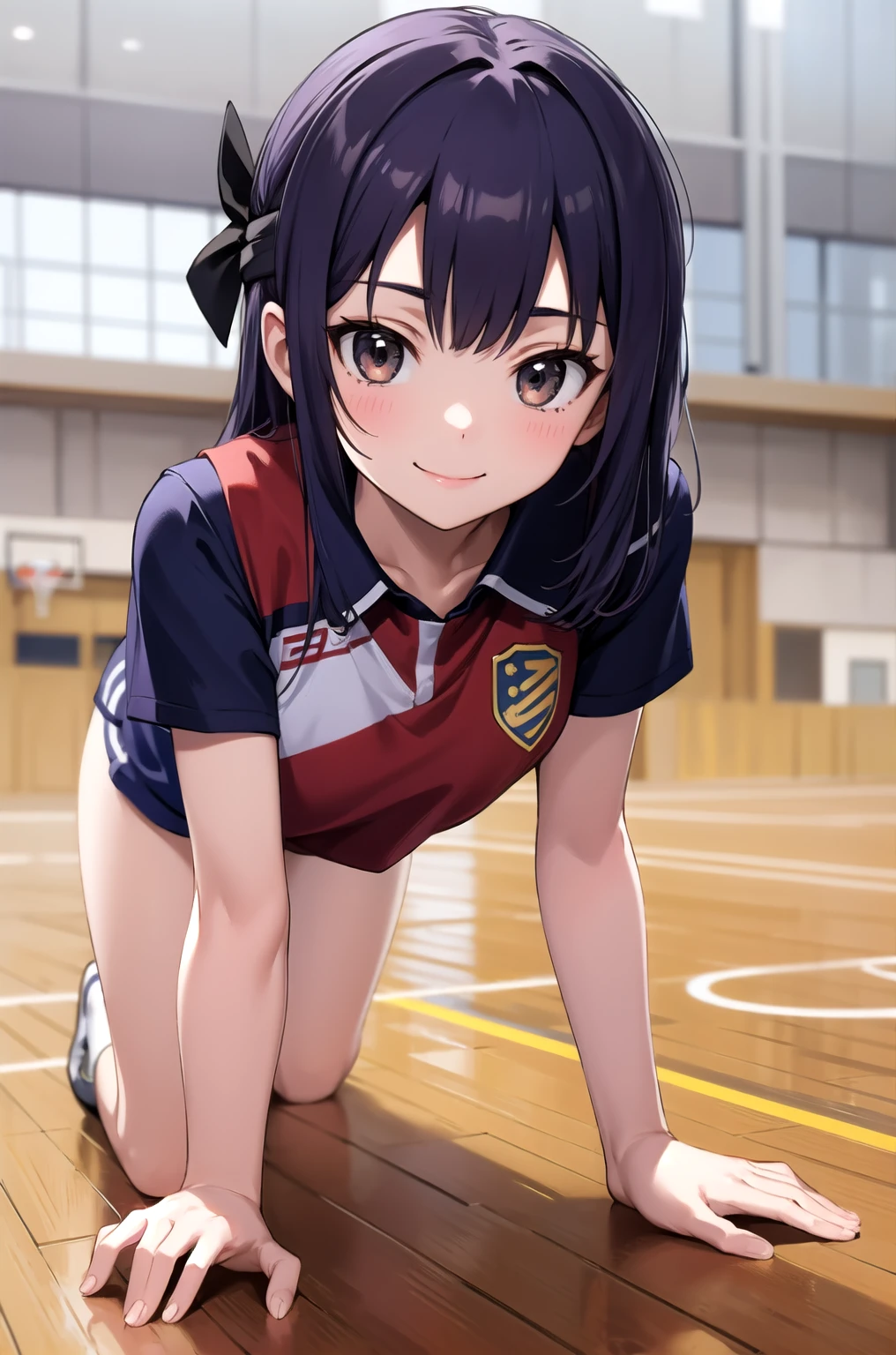 masterpiece, best quality, 1girl, solo, girls und panzer, isobe noriko, white shirt, bike shorts, sports arena, holding volleyball, exercise <lora:Isobe Noriko:0.6>