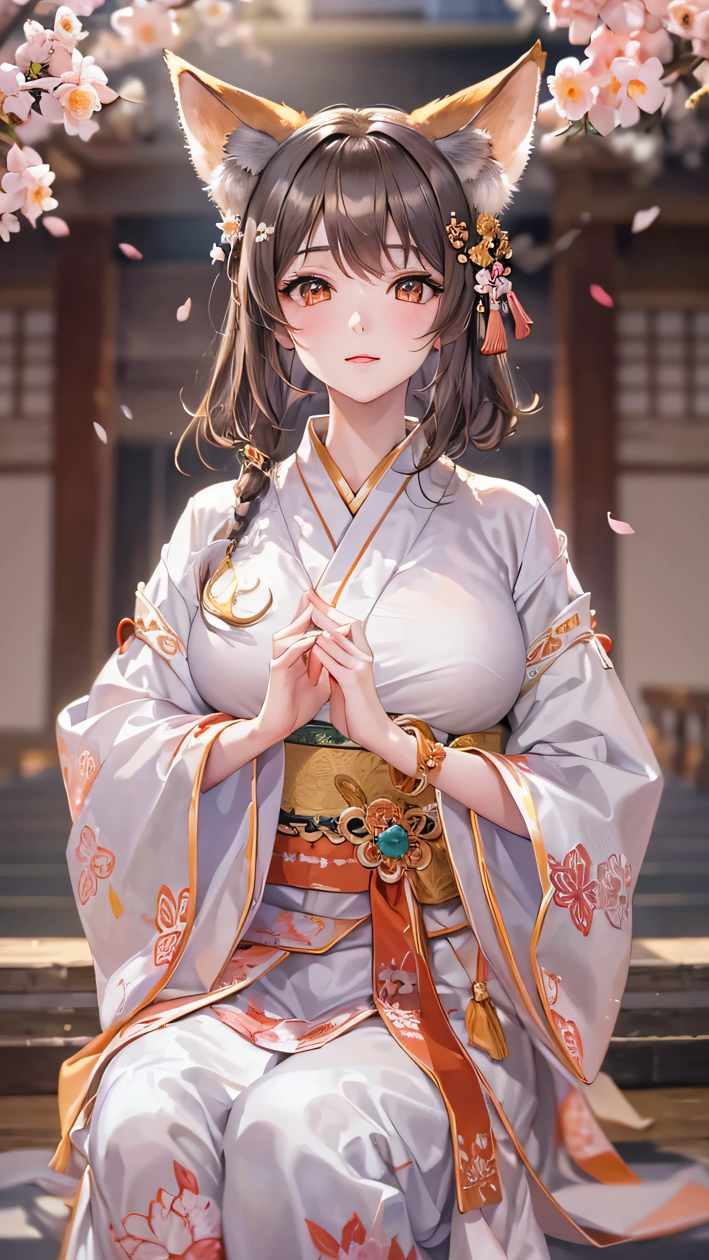 Anime girl in kimono outfit sitting on steps with flowers in her hair ...