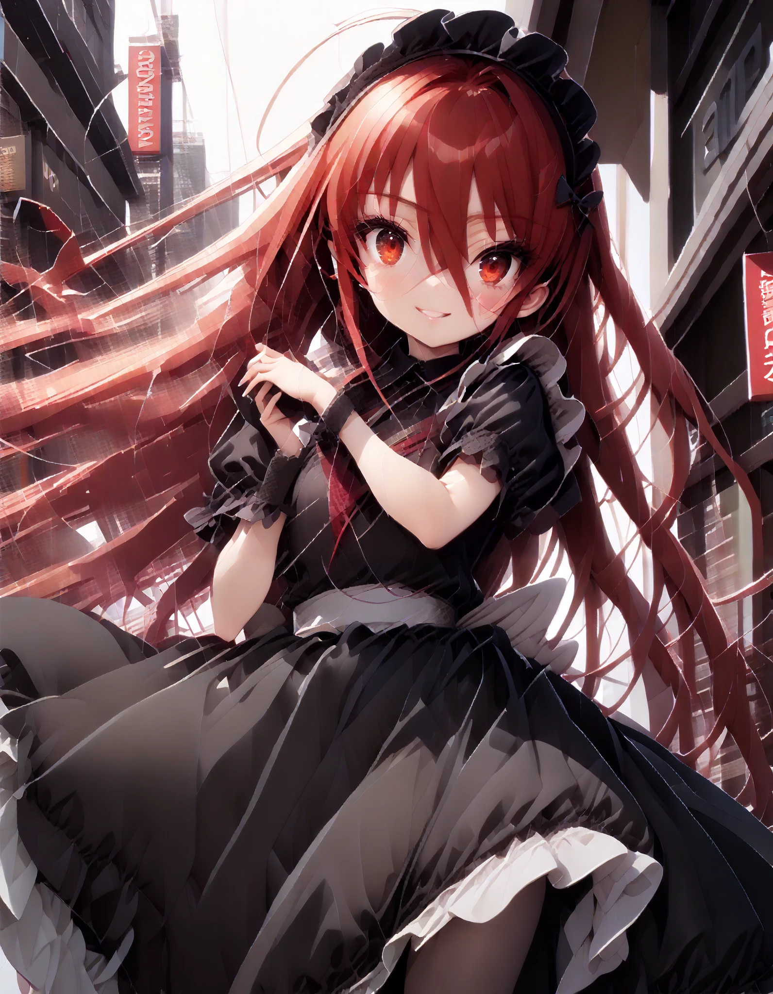 shana ,Alone, long hair, Red Hair, red eyes, stupid hair,smile,blush, open their mouths,Maid服,rib tights , black pantyhose , pin heels,black色ロングスカート,Maid head dress , Maid apron, Maid Dress,Maid, Maid outfit,black_ dress , hair shaking in the wind , long skirt is moving in the wind,Holding a stack of papers in both arms,Handing out flyers, is standing,Paper is being blown away by the wind , sign,noon,whole bodyがイラストに入るように,break looking at viewer,whole body,
break outdoors,Coffee shop entrance , building,
break (masterpiece:1.2), best quality, high resolution, Unity 8K Wallpaper, (figure:0.8), ( precise and beautiful eyes:1.6), Highly Detailed Face , perfect lighting, very precise CG, ( perfect hand, perfect anatomy),