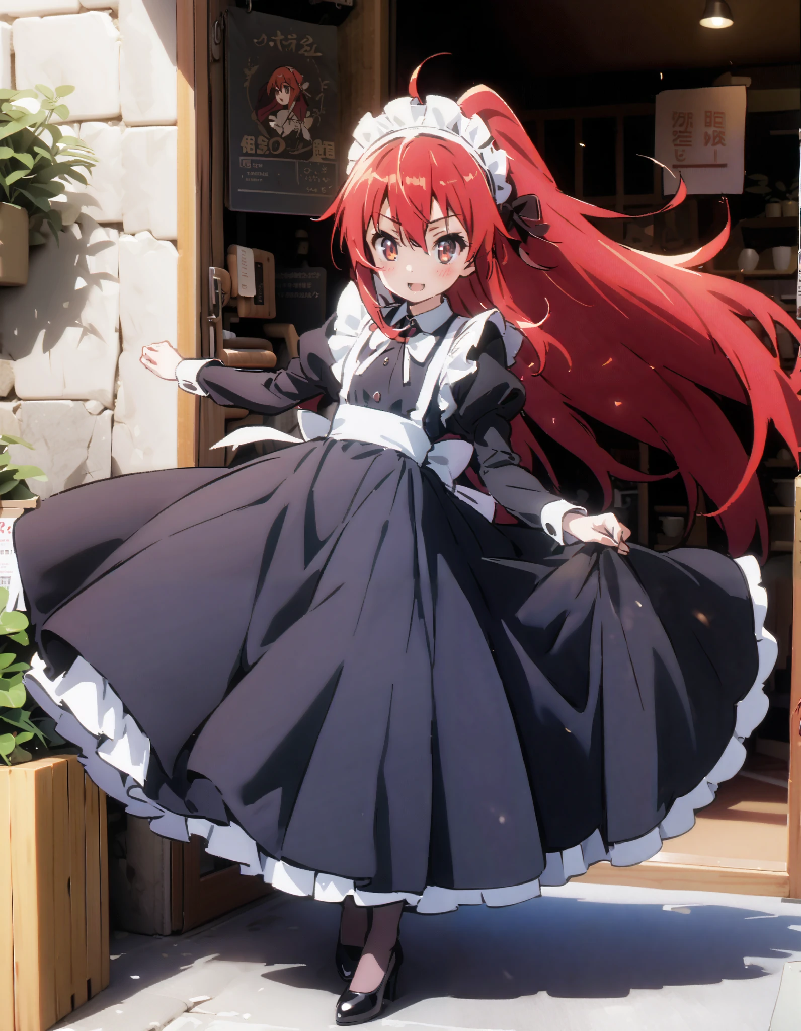 shana , long hair, Red Hair,  red eyes, stupid hair,smile,blush, open their mouths,Maid服,rib tights ,  black pantyhose ,  pin heels,black色ロングスカート,Maid head dress , Maid apron, Maid Dress,Maid, Maid outfit,black_ dress , hair shaking in the wind , long skirt is moving in the wind,Holding a stack of papers in both arms,Handing out flyers, is standing,Paper is being blown away by the wind , sign,noon,whole bodyがイラストに入るように,break looking at viewer,whole body,
break outdoors,Coffee shop entrance , 
break (masterpiece:1.2),  best quality,  high resolution,  Unity 8K Wallpaper, (figure:0.8), ( precise and beautiful eyes:1.6),  Highly Detailed Face ,  perfect lighting,  very precise CG, ( perfect hand,  perfect anatomy),