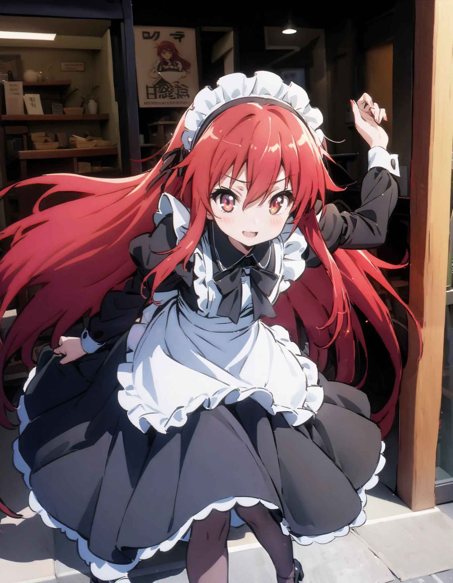 shana , long hair, Red Hair, red eyes, stupid hair,smile,blush, open their mouths,Maid服,rib tights , black pantyhose , pin heels,black色ロングスカート,Maid head dress , Maid apron, Maid Dress,Maid, Maid outfit,black_ dress , hair shaking in the wind , long skirt is moving in the wind,Holding a stack of papers in both arms,Handing out flyers, is standing,Paper is being blown away by the wind , sign,noon,whole bodyがイラストに入るように,break looking at viewer,whole body,
break outdoors,Coffee shop entrance ,
break (masterpiece:1.2), best quality, high resolution, Unity 8K Wallpaper, (figure:0.8), ( precise and beautiful eyes:1.6), Highly Detailed Face , perfect lighting, very precise CG, ( perfect hand, perfect anatomy),