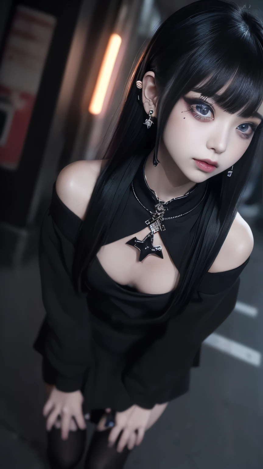 Goth woman, (goth makeup), (brown skin), (a t-shirt and skinny mini shorts), (show under ), (fishnet stockings), (navel jewellery), (pierced ears), (pierced lips), blue eyes, short messy black emo hair, (living room background), thick thighs, medium breasts, (8K), (wallpaper), (dynamic lighting), (detailed face and eyes:1.2)