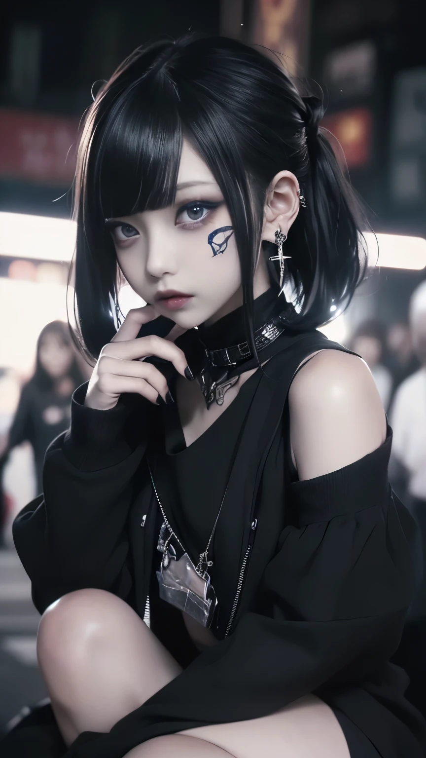 Cinema Lighting、(Key Light:The front is at a 45 degree angle , Grant Light、 backlight、shadow、 blue and orange color scheme), accurate human body、 Knowledgeable person 、Correct five fingers、 RAW photo、4K - ultra-vivid、 best quality, masterpiece, super high resolution, (reality: 1.4),
(((, growing skin、 realistic skin texture、 beautiful skin down to the smallest detail 、 shiny skin、 shiny skin)))、
((( beautiful eyes、Exquisitely drawn eyes、Right eye is red、Left eye is blue、big, round eyes for a close-up shot of the chest)))、
Beautiful Young People Who Touch Their Bodies , 19-year-old girl , Attractive girl , Cool girl 、 girl 、 miniskirt、 black mask、((赤いHeavy makeup))、(( small breasts)) 、 girl 1人, 紫色の目, Off Shoulder Sweater Dress, Cinema Lighting、 Purple and Black Hair、(Mine girl 、 gothic makeup 、My Makeup)、( earrings、 small breasts、 Open Shoulder Oversized Black Tee、Dark miniskirt)、((Heavy makeup、, growing skin、 realistic skin texture、 fine and beautiful skin、 shiny skin)), Dark city at night、Kabukicho、 Dark Cyberpunk 、( full shot:1.8)、Thin legs、Thin arms、Narrow shoulders、 thin waist、 slender body、 small breasts、whole body