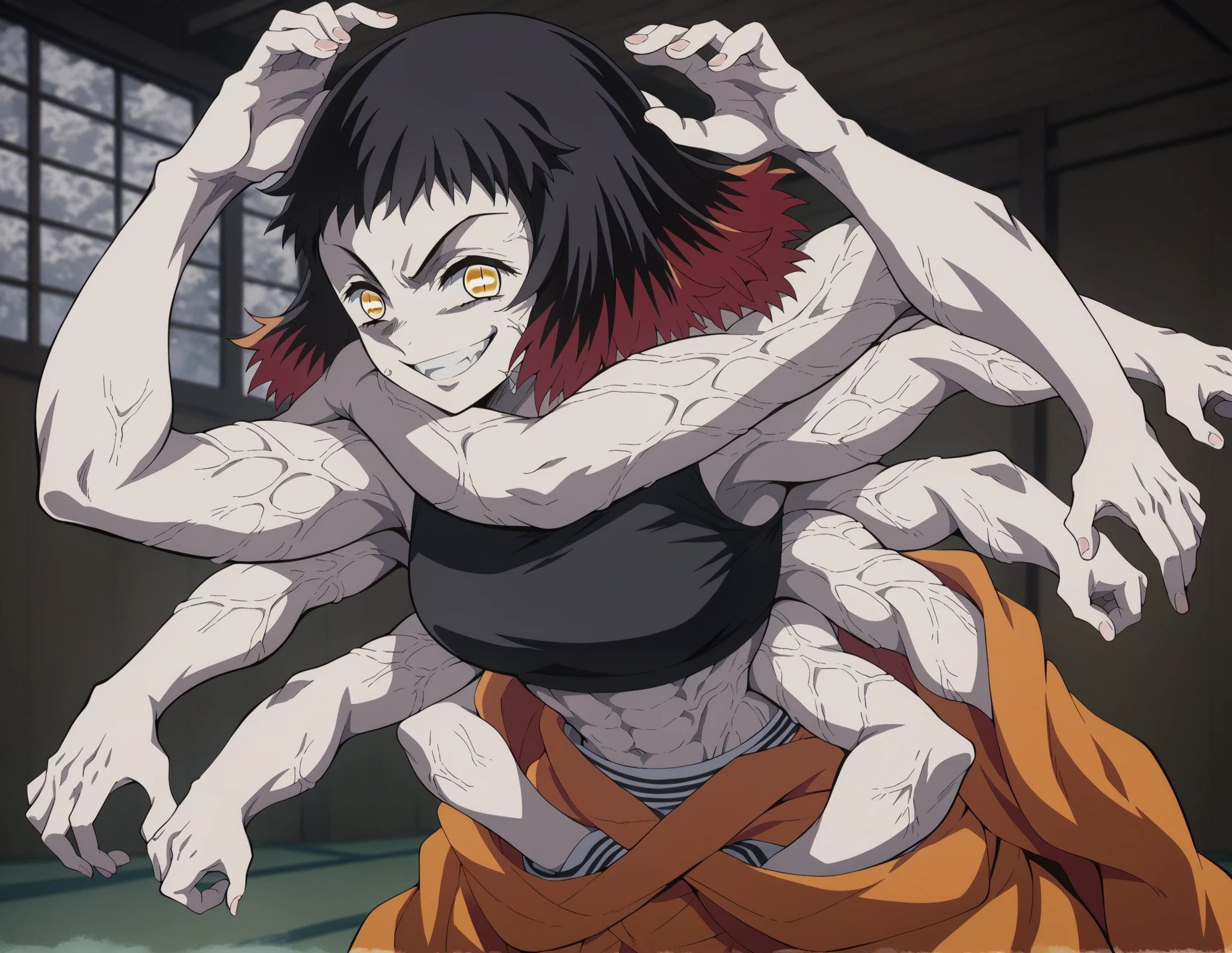 score_9, score_8_up, score_7_up, source_anime,
susamaru, susamaru, short hair, black hair, yellow eyes, red hair, multicolored hair, two-tone hair,
black top, underboob, bare arms, abs, bare legs, spread legs, cowgirl position pov,
indoors, dojo, smile, bent over,
solo, looking at viewer, cowboy shot,