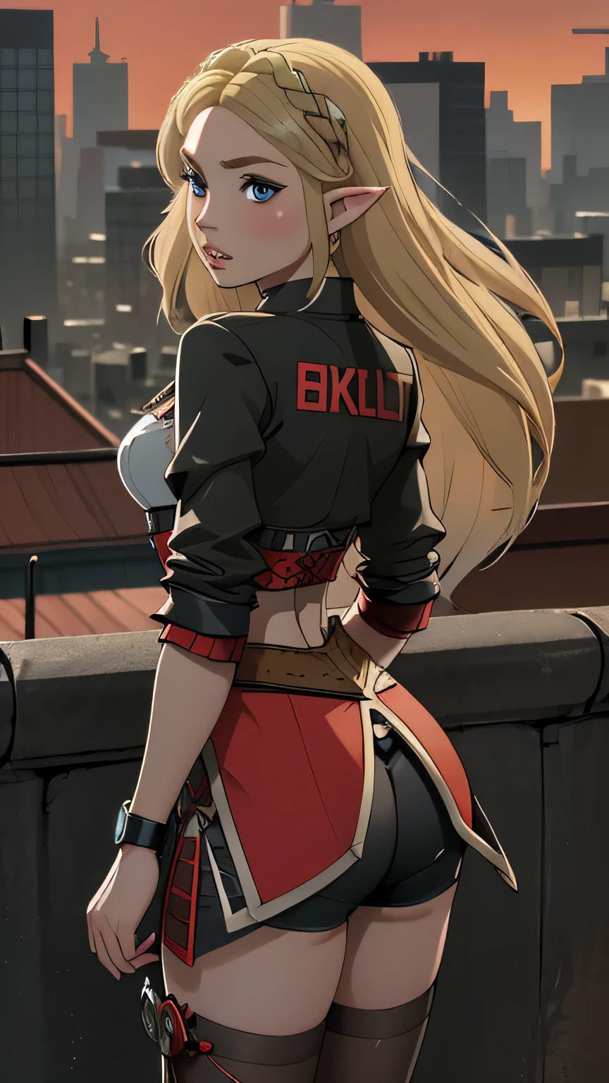 1girl in, age21, princess Zelda, photo of perfect woman, portrait, looking straight at camera, 5'3", Solo, Aesthetic artwork, (blond, straight blonde hair, waist length blond hair:1.25), (clear skin, pale skin, small breasts, B-cup, runners body, very thin waist, skinny, petite, detailed skin texture, (Masterpiece), (shot from behind, up skirt, surprised expression, wide eyes, parted lips, focus on ass:1.2), (dc comics Harley Quinn Cosplay, a red and black leather corset top, mirrored color matching shorts, long black and red socks, and a jacket), (high detailed city environment, rooftop Skyline, evening), (extremely detailed 8k wallpaper), outdoor lighting, high quality, film grain, Fujifilm XT3 sharp focus, f 5.6, 50mm, High Detail, Sharp focus, (natural light), crazy details, complex details, hyper detailed