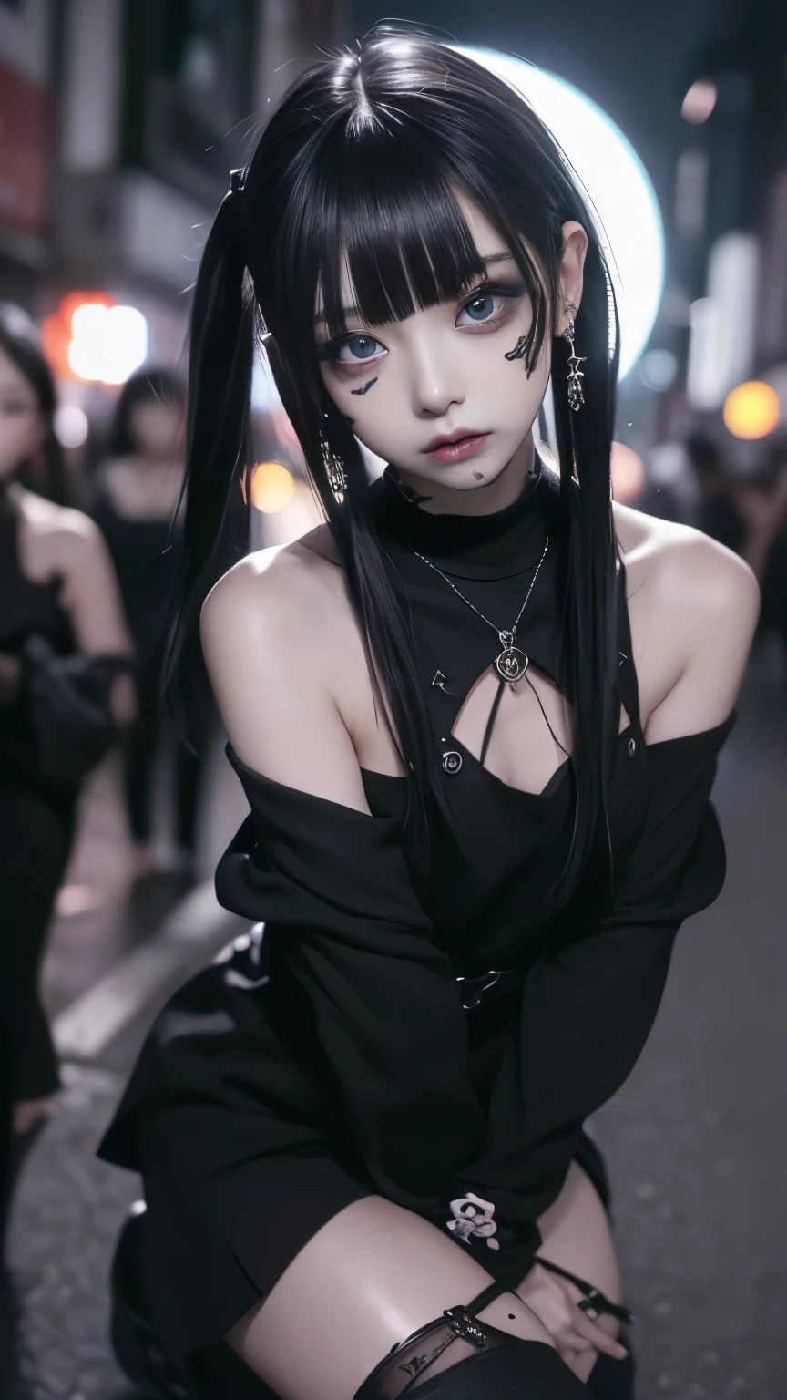 Cinema Lighting、(Key Light:The front is at a 45 degree angle , Grant Light、 backlight、shadow、 blue and orange color scheme), accurate human body、 Knowledgeable person 、Correct five fingers、 RAW photo、4K - ultra-vivid、 best quality, masterpiece, super high resolution, (reality: 1.4),
(((, growing skin、 realistic skin texture、 beautiful skin down to the smallest detail 、 shiny skin、 shiny skin)))、
((( beautiful eyes、Exquisitely drawn eyes、Right eye is red、Left eye is blue、big, round eyes for a close-up shot of the chest)))、
Beautiful Young People Who Touch Their Bodies , 19-year-old girl , Attractive girl , Cool girl 、 girl 、 miniskirt、 black mask、((赤いHeavy makeup))、(( small breasts)) 、 girl 1人, 紫色の目, Off Shoulder Sweater Dress, Cinema Lighting、 Purple and Black Hair、(Mine girl 、 gothic makeup 、My Makeup)、( earrings、 small breasts、 Open Shoulder Oversized Black Tee、Dark miniskirt)、((Heavy makeup、, growing skin、 realistic skin texture、 fine and beautiful skin、 shiny skin)), Dark city at night、Kabukicho、 Dark Cyberpunk 、( full shot:1.8)、Thin legs、Thin arms、Narrow shoulders、 thin waist、 slender body、 small breasts、whole body
