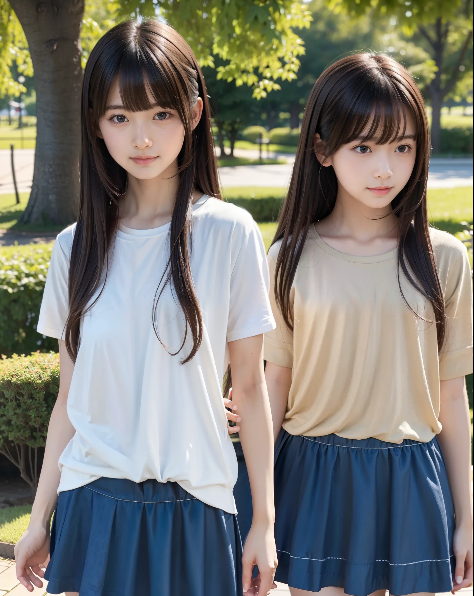 A highly detailed and anatomically accurate illustration of a Japanese age girl, around 18 years old, standing in a park. She has semi-long straight hair with bangs and is wearing casual everyday clothes, including a skirt. Her posture is natural and relaxed, and her expression is warm and gentle. The park setting features lush greenery, soft natural lighting, and a peaceful atmosphere. The artwork is rendered in high resolution, with lifelike details and cinematic quality.
 high resolution, masterpiece, accurate,  anatomically correct,  won numerous awards,  best quality,  Details ,  retina,  very detailed,  Textured Skin,  ultra high definition, 
