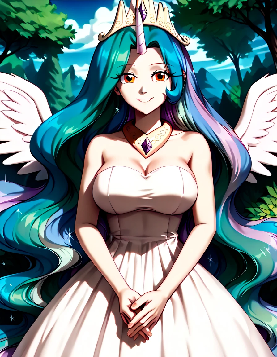 gran calidad ++ Extremely detailed high resolusionolution, very aesthetic, ojos expresivos, (((Cara perfecta))), (((face symmetrical))), ((good anatomy)), (((manos perfectas))), (((8k))), UHD, Fondo de pantalla HD, (((alta calidra detallada, (((((1girl)))))), solamente, Obra maestra, La mejor calidad, high resolusion, Altamente detallado, (illustration), hermosos ojos detallados, (((combatant))), (((1girl))), ((((cuerpo completo)))), (((((((illyasviel von einzbern)))))), (((princess_celestia))), ((((forma humana)))), ((princesa celestia humanizada)), Celestia, Celestia de My Little Poni, celestia en forma de milf, Cabello largo y ondulado, (((Ojos rojos))), (((strapless tube dress))), (((purple heart promise))), (((white dress))), (((milfication))), (((mature female))), (((gigantic breasts))), (((orejas blancas de pony))), (((Dedos detallados))), (((white wings))), (((cuerno dorado de unicornio))), Dedos precisos, Manos no antinaturales, strange eye, columnas griegas, exterior, hermoso bosque majestuoso, hojas de parra rodeando las columnas, arbustos de flores por todas partes, cielo despejado, bright sunny day, water lilies, bosque celestial,
