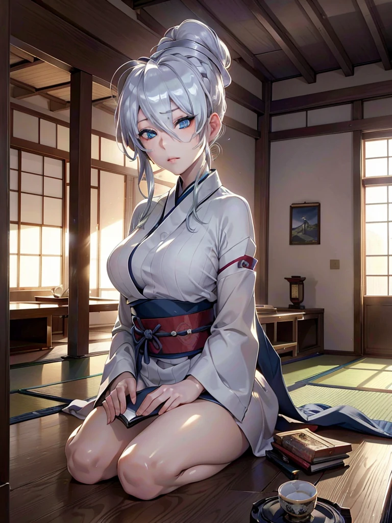 (masterpiece, best quality:1.3), (face focus:1.3), Yagokoro Eirin, Touhou Series, perfect face, expressive eyes, 1woman, looking at viewer, 38 years old, gorgeous body, big breast, beautiful, anime, lora,1woman, silver hair, braid hair, nurse cap, red and blue clothes, long skirt, (evil look, looking down on viewer:1.5), (crossed legs:1.5), (cinematic lighting, realistic, dream-like, enchanting atmosphere:1.5), (photo of a woman in her dark and mysterious environment:1.3), (the woman surrounded by an aura of mystery and intrigue:1.3), (in the middle of a massive modern library in the style of Tianjin Library:1.3), (candles flickering, casting dancing shadows around the room:1.3), (the dim lighting adding to the ambiance of secrecy and mysticism:1.3), (a crystal ball nearby, adding to the mystical setting:1.3), (symbols of astrology and esoteric knowledge decorating the room:1.3), (a hint of incense in the air, adding to the sensory experience:1.3), 