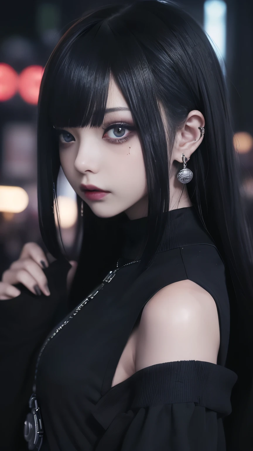 Cinema Lighting、(Key Light:The front is at a 45 degree angle , Grant Light、 backlight、shadow、 blue and orange color scheme), accurate human body、 Knowledgeable person 、Correct five fingers、 RAW photo、4K - ultra-vivid、 best quality, masterpiece, super high resolution, (reality: 1.4),
(((, growing skin、 realistic skin texture、 beautiful skin down to the smallest detail 、 shiny skin、 shiny skin)))、
((( beautiful eyes、Exquisitely drawn eyes、Right eye is red、Left eye is blue、big, round eyes for a close-up shot of the chest)))、
Beautiful Young People Who Touch Their Bodies , 19-year-old girl , Attractive girl , Cool girl 、 girl 、 miniskirt、 black mask、((赤いHeavy makeup))、(( small breasts)) 、 girl 1人, 紫色の目, Off Shoulder Sweater Dress, Cinema Lighting、 Purple and Black Hair、(Mine girl 、 gothic makeup 、My Makeup)、( earrings、 small breasts、 Open Shoulder Oversized Black Tee、Dark miniskirt)、((Heavy makeup、, growing skin、 realistic skin texture、 fine and beautiful skin、 shiny skin)), Dark city at night、Kabukicho、 Dark Cyberpunk 、( full shot:1.8)、Thin legs、Thin arms、Narrow shoulders、 thin waist、 slender body、 small breasts、whole body