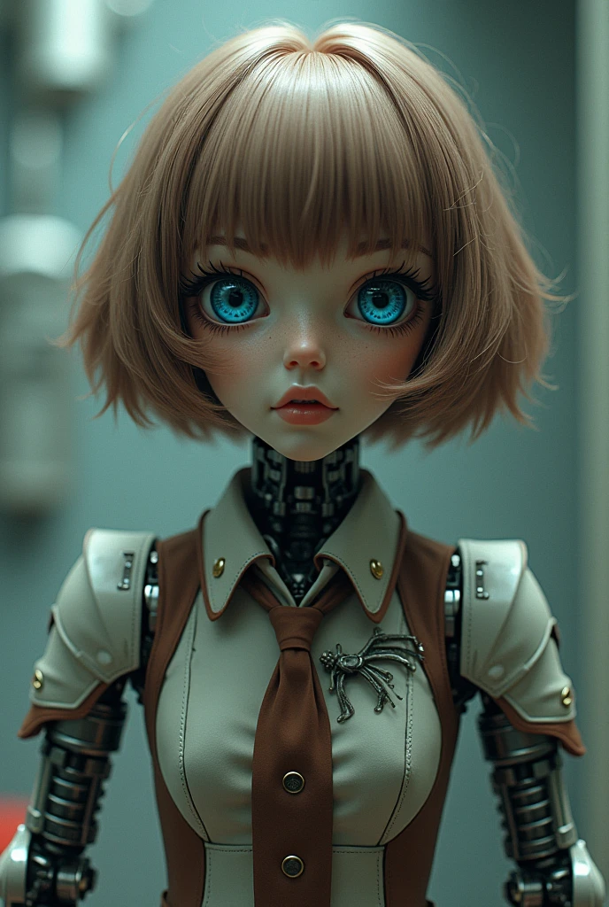 Robot with human head and robot body With clothes With short black hair