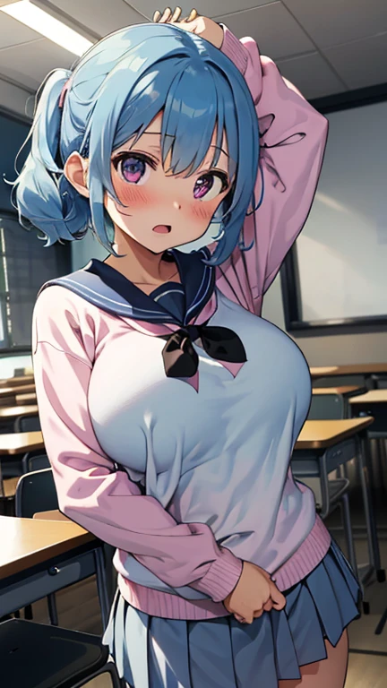 (1girl, tadokoro megumi, No name), (throw_hand, pink vibrator remote switch in throw_hand, throw:1.2), Highest quality, Super detailed, masterpiece, Ultra-high resolution, 8K, Ridiculous, Cowboy Shooting, Blurred, One girl, Focus on the girl, Embarrassing, blush, Lovely, Close one eye, With tears in her eyes and her mouth open, What saliva leaves behind, Wet skirt hem, (Sticky panties:1.1), Bulging of the vibrator cord, Vibrator with Garters, (cleavage), Classroom Background, The skirt is accidentally exposed,(large breasts), (crop top navel), (waist line), Accidentally exposed panties