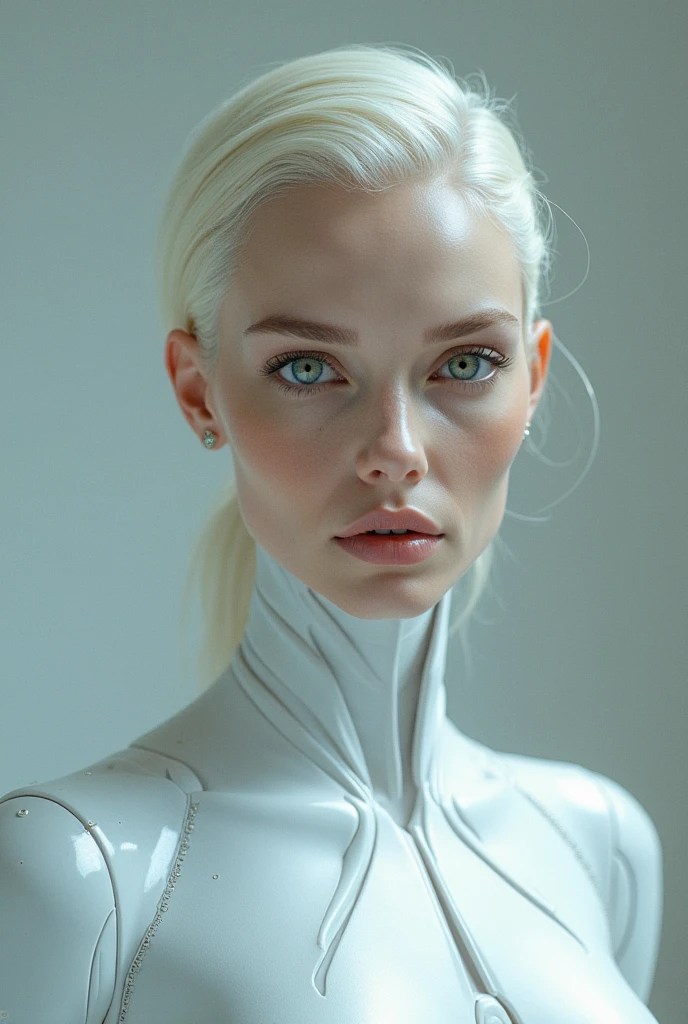 a close up of a woman in a futuristic suit posing for a picture, cyberpunk art inspired by Marek Okon, cgsociety contest winner, digital art, gynoid cyborg body, in white futuristic armor, girl in mecha cyber armor, cybersuit, cyber suit, echo from overwatch, oppai cyberpunk, diverse cybersuits, cute cyborg girl, perfect android girl