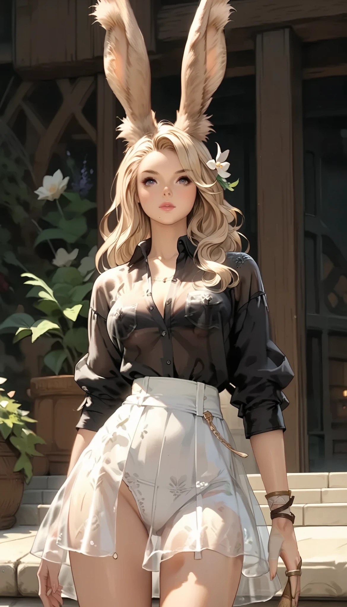 masterpiece, graceful mature woman facing me, viera, ( Granblue Fantasy), slim, upper body, standing on a long-sleeved shirt , see-through black shirt , Transparent shirt, Transparent skirt, take off the blouse , areola slip , More details, high resolution, is ridiculous , Home, semi-realistic , full body shot