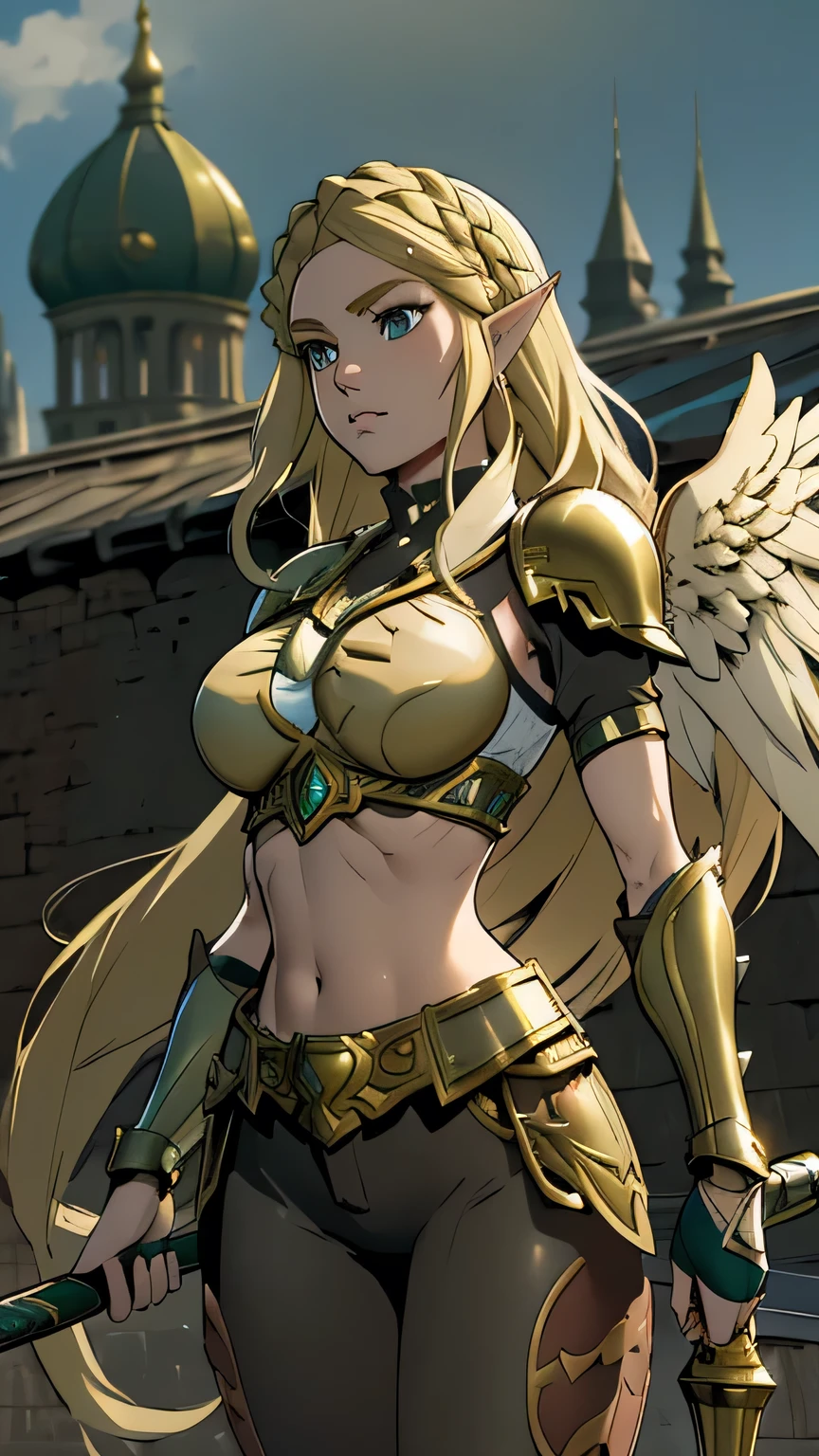 a blonde Asgardian heroine. She wears dark blue armor, gold trim, (((Norse helm with gold wings))), armored glove, deep v neck. stern expression. blond hair, long hair, blue eyes, (detailed eyes, detailed face), detailed hands, pretty face, round cheeks, soft face. heavy gauntlet covers one hand, armoured boots. Show her in a heroic pose with hands on her hips. castle ruins background. volumetric lighting
