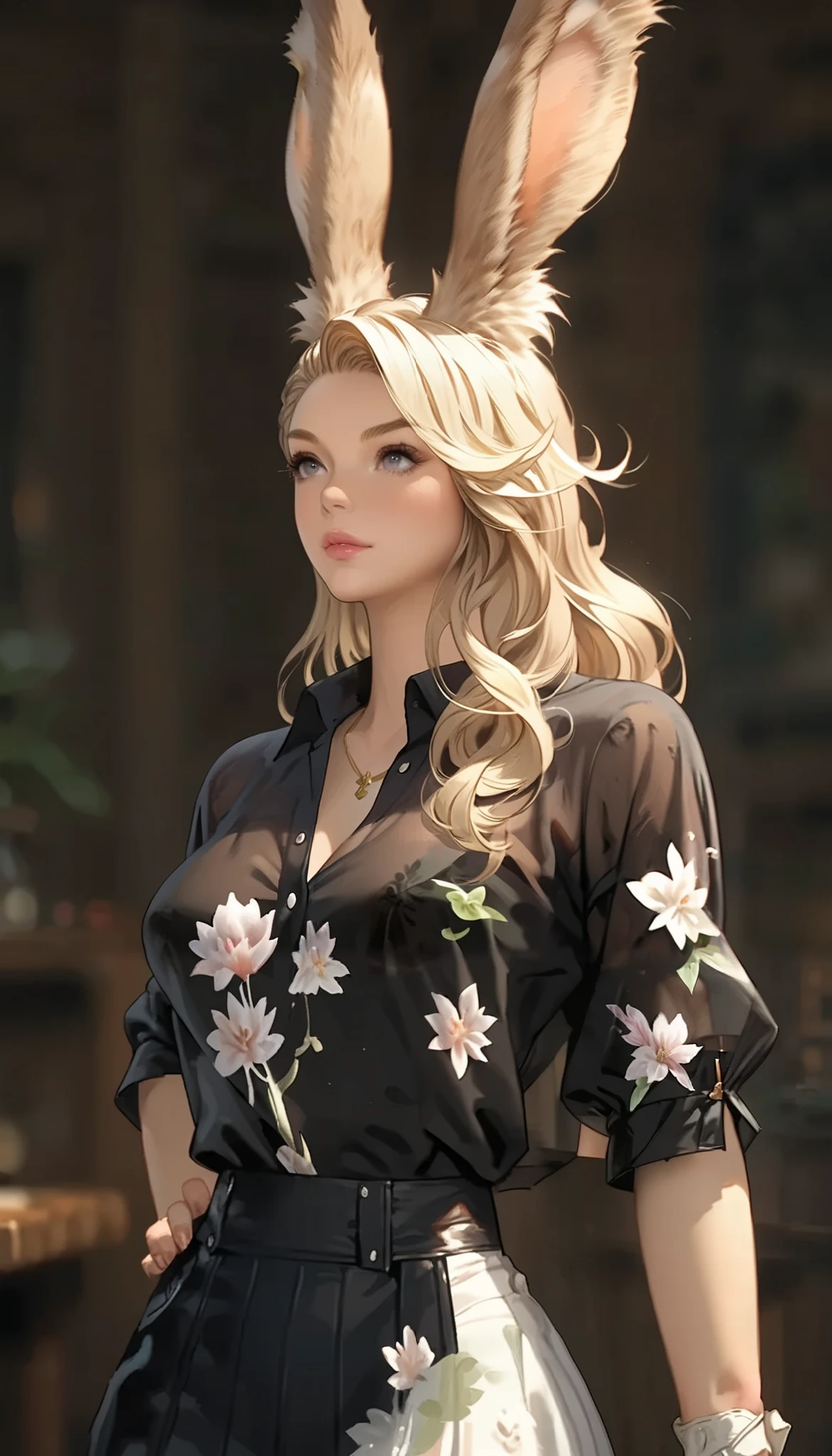 masterpiece, graceful mature woman facing me, viera, ( Granblue Fantasy), slim, upper body, standing on a long-sleeved shirt , see-through black shirt , Transparent shirt, Transparent skirt, take off the blouse , areola slip , More details, high resolution, is ridiculous , Home, semi-realistic , full body shot