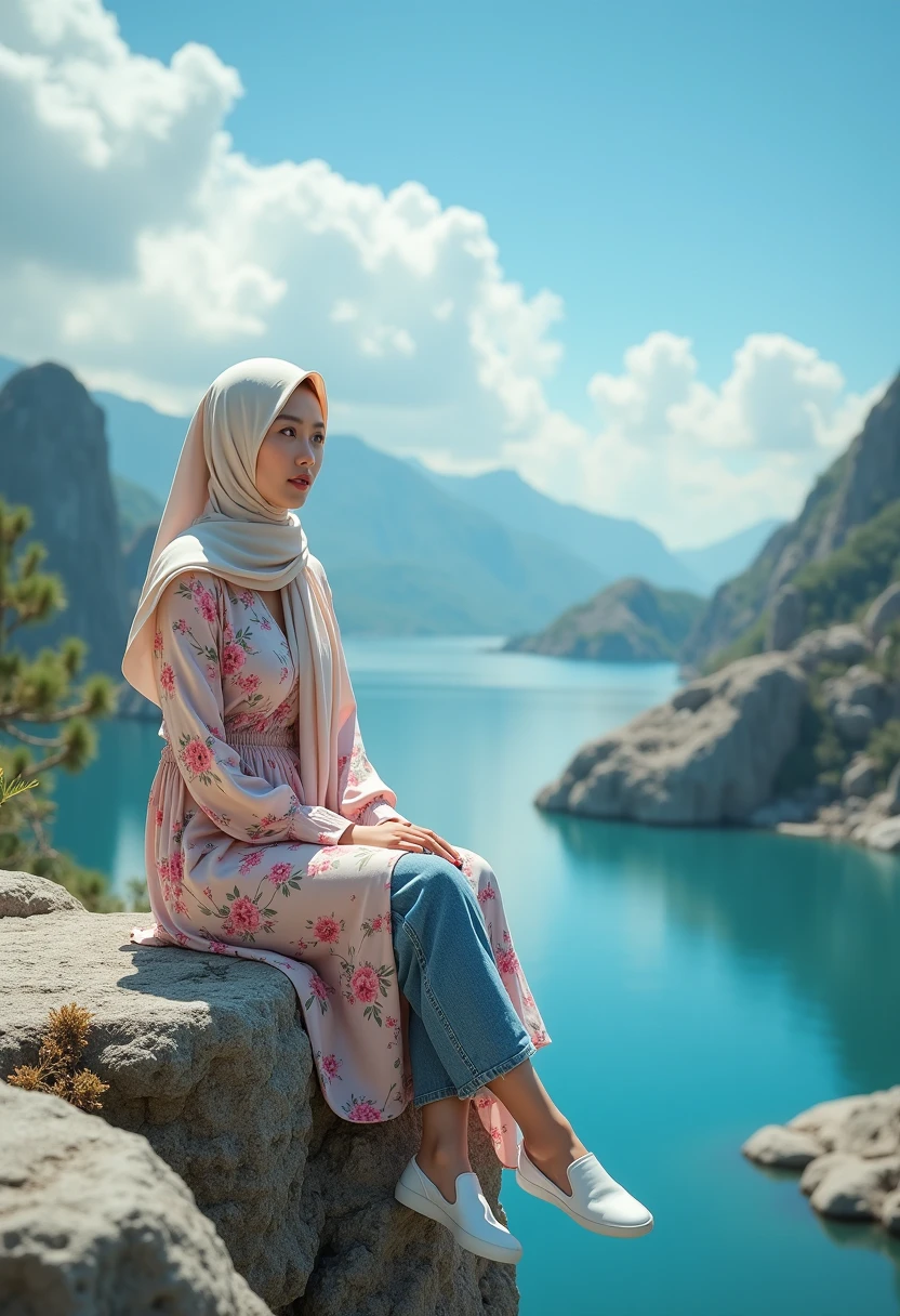 there is a woman sitting on a bench with a pink hijab in beautyful Riverside with rocks and calm water with beautiful mountain views and green trees, casual clotches, formal shoes, looking at the viewer, beautiful art, beautiful artwork, lovely woman, beautiful woman, pink girl, cute woman, very beautiful photo, hijab, beutiful, beautiful female, beauty woman, photorealistic!!!!!!! art style, very very beautiful art, realistic picture, beautiful digital art, beautiful gorgeous digital art, beautiful digital artwork, looking a viewer