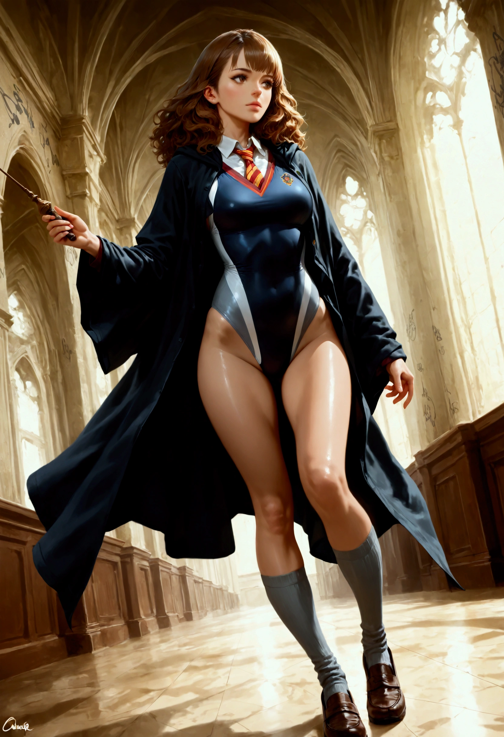 (masterpiece:1.2, highest quality), (realistic, photorealistic:1.4), beautiful illustrations, (natural side lighting, movie lighting), looking away, Upper body, (Front view), 1 girl, perfect face, detailed face, pretty face, symmetrical face, shiny skin, long eyelash, (medium breasts), beautiful hair, beautiful face, detailed and beautiful eyes, beautiful body, beautiful breasts, beautiful thighs, beautiful feet, beautiful fingers, (cool scenery), brown short hair, sporty outfit , black cloak jacket, grey competition swimsuit, walking in Hogwarts hallway, holding a magic wand, black cat at her side, red yellow stripe necktie, thighs band, thighs, long leg, medium breasts, grey high socks, brown school shoes, cloak (graffiti:1.2), intricate, intricate detail, full body, dynamic pose, dynamic perspective angle, from front side, shadows , Hogwarts field background , semirealistic , realistic detail, shiny style,, cinematic, wallpaper, splashart, hermione granger,