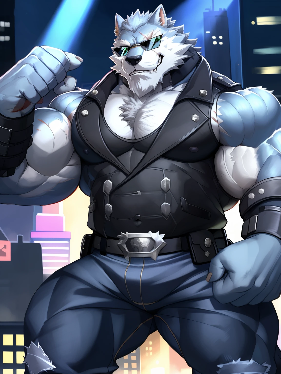 Freddy(Dislyte ),man-lobo,man,adult,Alone,4k, best quality, looking at the audience ,,walk, hairy body,bushy tail,Busty upper body, Chest muscles , marked abs ,bíceps, Anatomically Correct,delicate fur, pride ,soft shadow, majestic, blue skin , high quality eyes , green eyes,black pupils,Sharp eyes,great,brave,black neck, wearing sunglasses ,black leather vest,blue jeans, black belt, black combat boots ,strong, flexing her biceps , Night in a city
