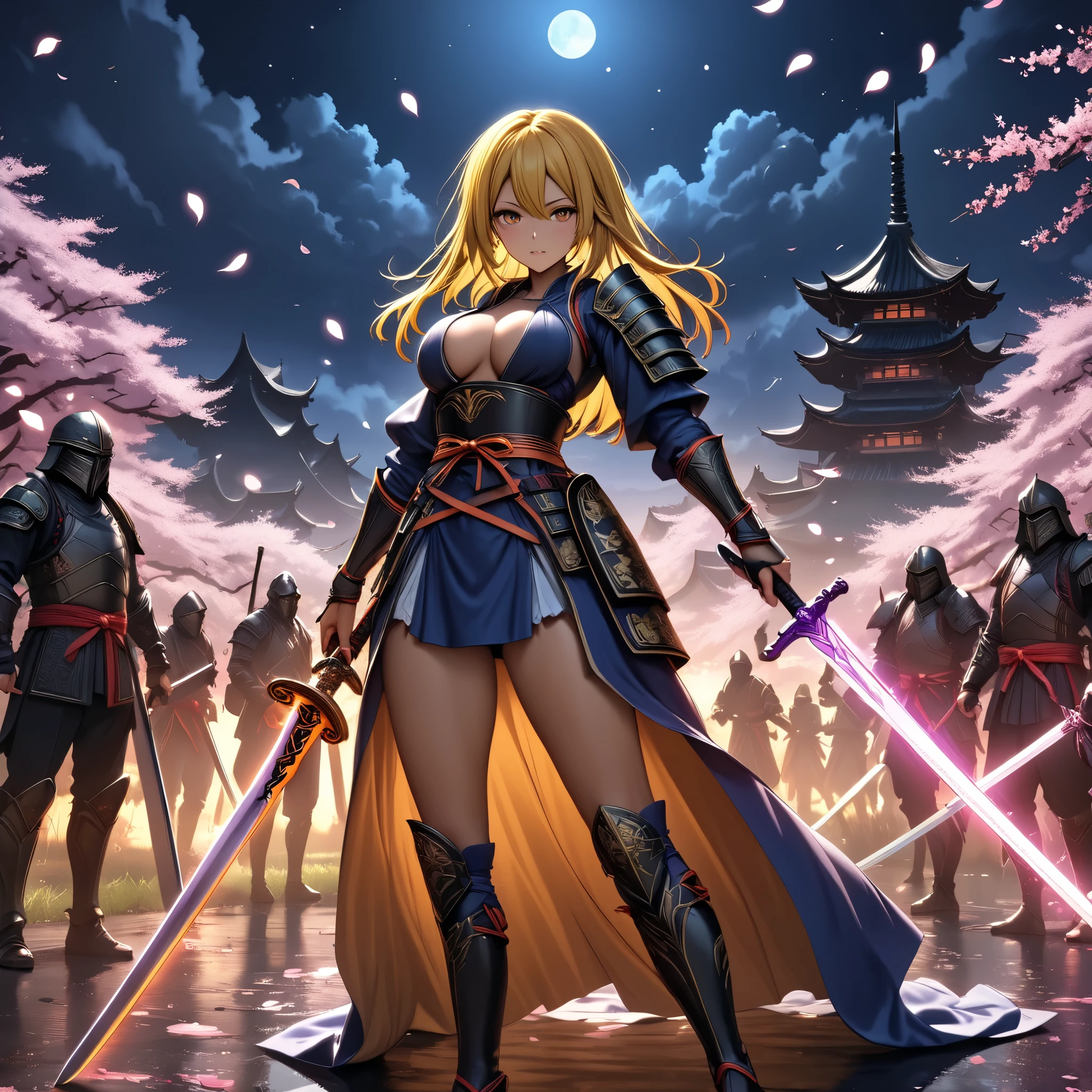   1 girl　+ Master of Swords　+  with a sword　+ Overwhelming Enemy  　+Ninja　+Sengoku Warlord Armor　+The Big Picture　+yellow hair　+The dignity of the general　+Glossy tanned skin　+The magic sword glows orange 　、
battlefield　+ Cherry Blossoms at Night　+ Sword effect、masterpiece,  best quality, 